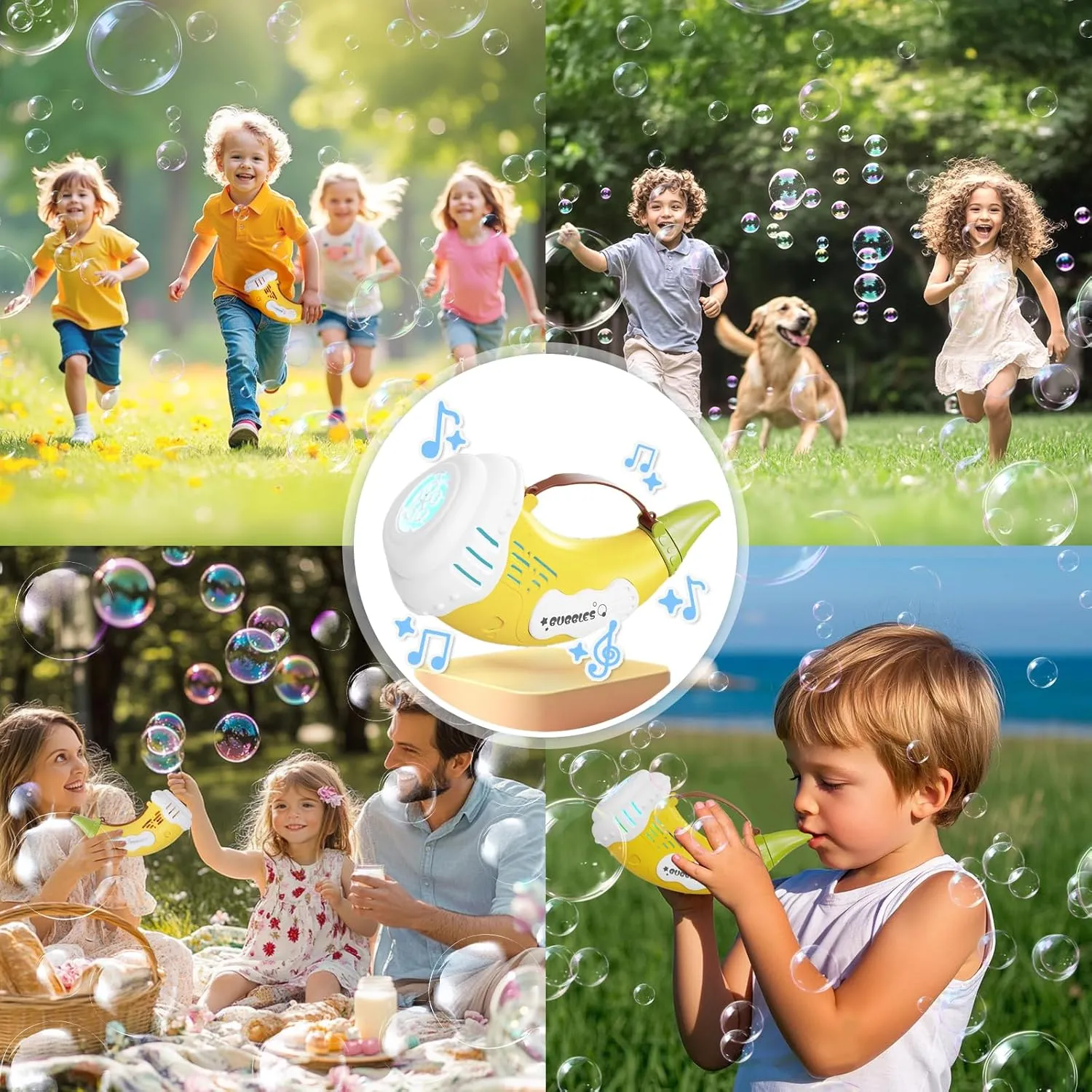 Bubble Machine for Kids 2 in 1 Automatic Bubbles Blower LED Horn Music Bubbles Gun Rechargeable Battery Bubble Toys Indoor Outdoor Birthday Parties Gifts for Toddlers Boys Girls Yellow