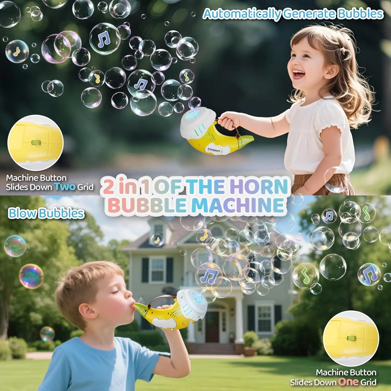 Bubble Machine for Kids 2 in 1 Automatic Bubbles Blower LED Horn Music Bubbles Gun Rechargeable Battery Bubble Toys Indoor Outdoor Birthday Parties Gifts for Toddlers Boys Girls Yellow