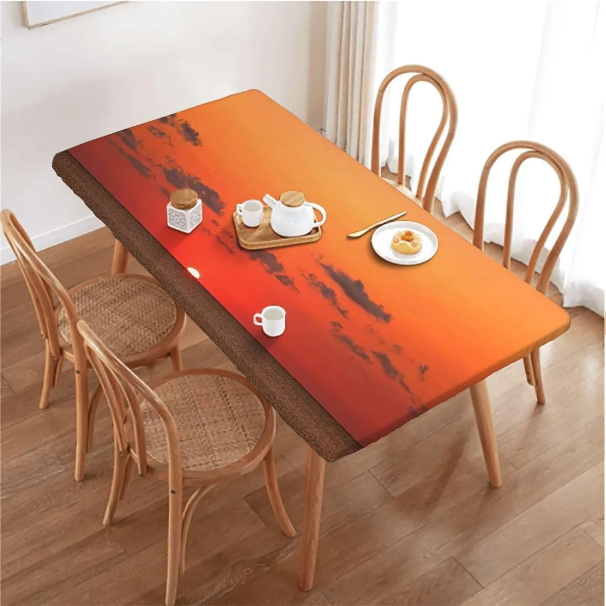 Burnt Orange Black Fitted Tablecloth Panorama Sunset Scenery Elastic Edged Table Cover for Indoor Outdoor Patio Picnic Africa Fits up 4 Foot Tables