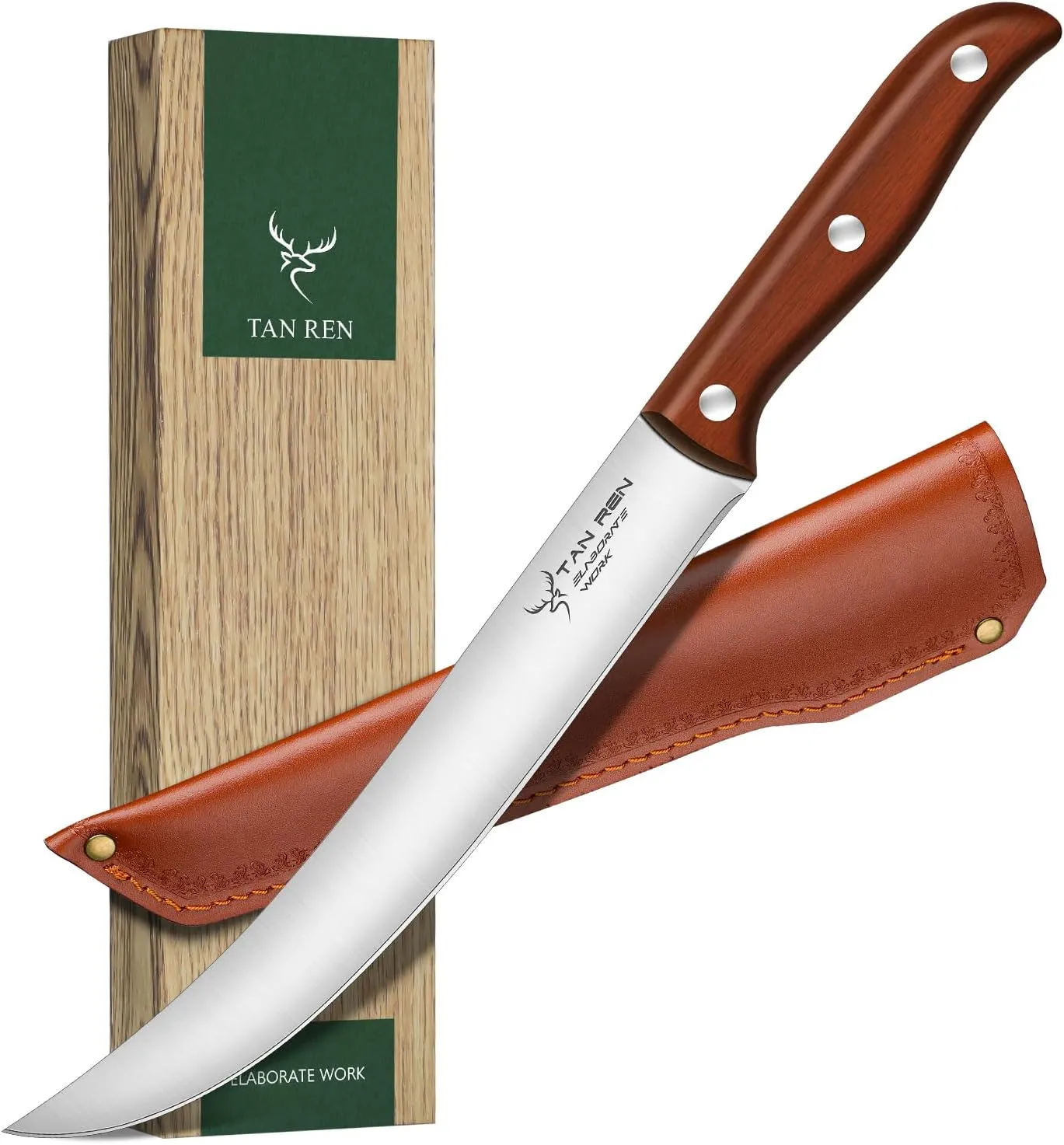 Butcher Breaking Knife 8 Inch, Stainless Steel for Meat Cutting, Brisket Trimming With Sheath, Ergonomic Wooden Handle, Carving