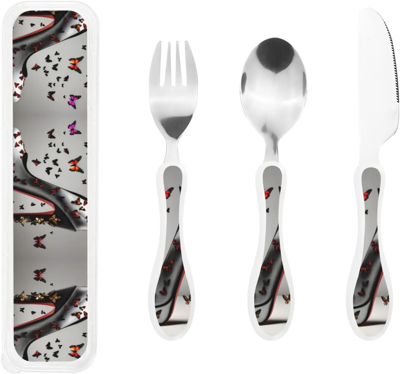 Butterfly High Heel Print Knife, Fork and Spoon Set - Utensils Safe Silverware, Grade Silicone Handle for Table Manners