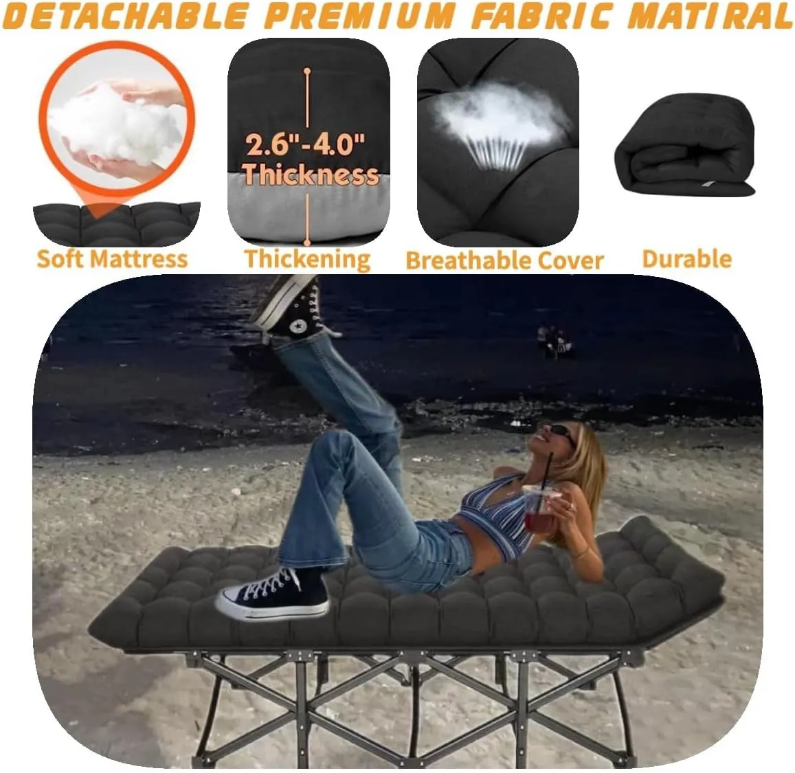 Camping Cot, Folding Cot Camping Cots for Adults Portable Folding Outdoor Bed with Mat and Carry Bag, Heavy Duty Sleeping Cots for Outdoor Travel Camp Beach Vacation (Black)