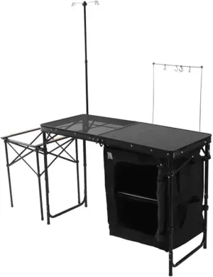 Camping Kitchen Table, Folding Camp Cook Station, Cupboard, Storage Organizer, Carrying Bag, Quick Installation (Black)
