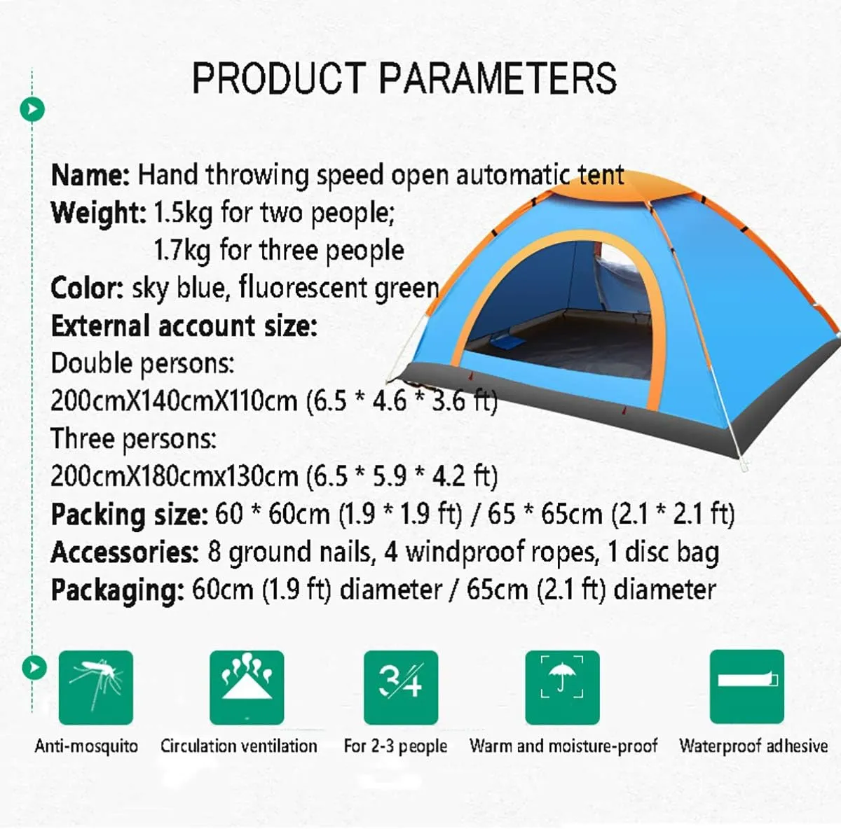 Camping Tents, Automatic Pop Up Sun Shelter 2-3/3-4 Persons Tent, Family Tent for Beach/Garden/Fishing/Picnic Hiking Travel,Blue,3 to4 People
