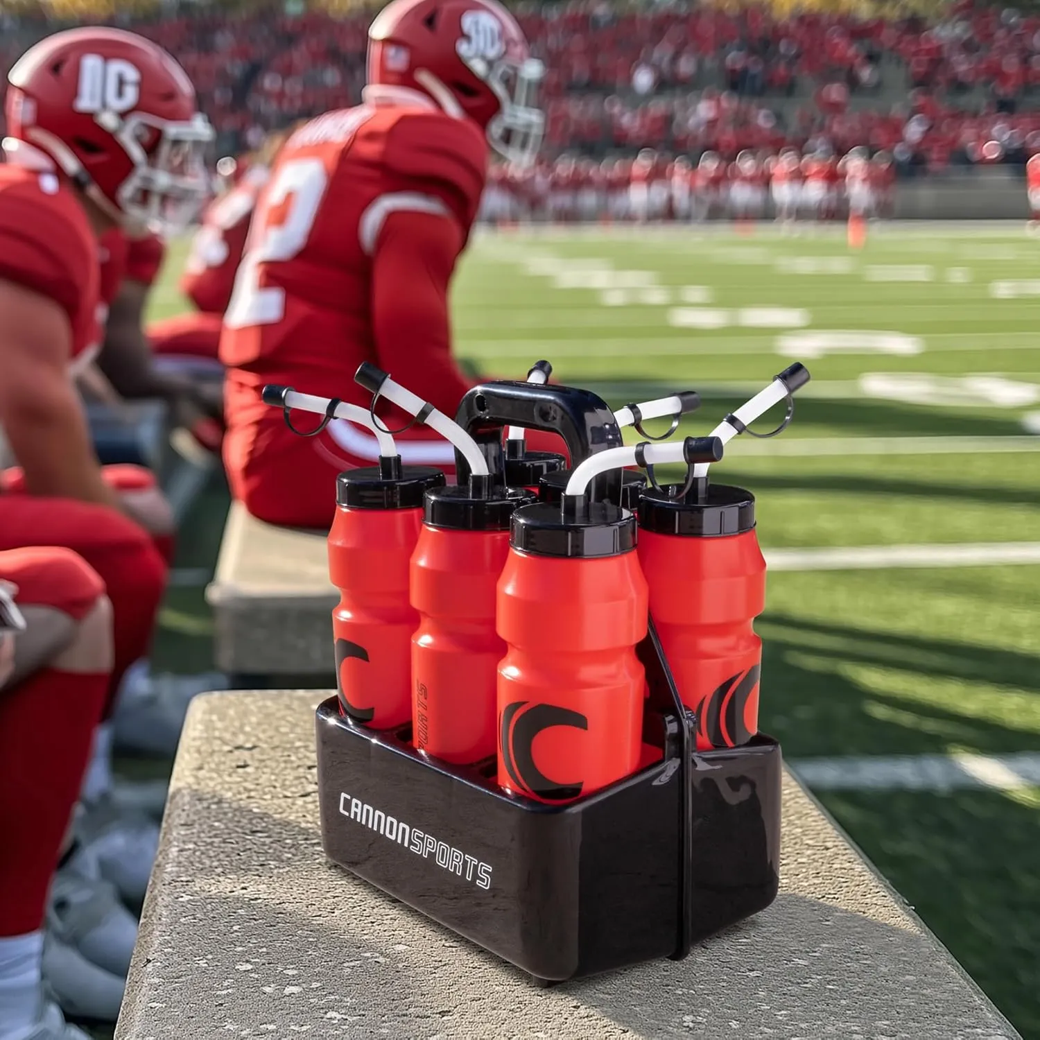 Cannon Sports 1 Liter Sports Water Bottle, BPA-Free, 34oz Capacity, Large Mouth, 2 lids (Straw & Squeeze) with Carrier, Great For Helmet Sports Such As Hockey, Lacrosse, Football, Boxing (Gray)