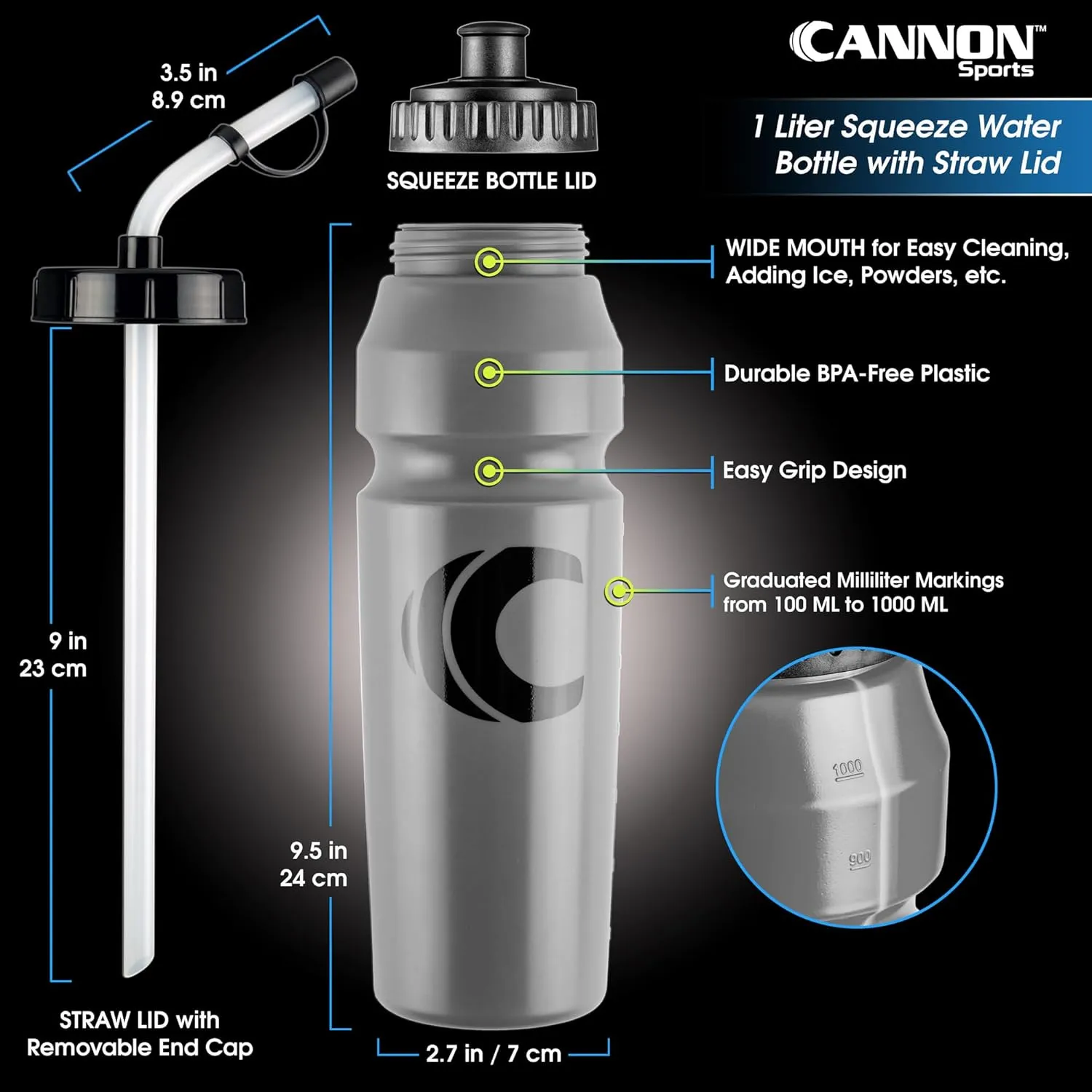 Cannon Sports 1 Liter Sports Water Bottle, BPA-Free, 34oz Capacity, Large Mouth, 2 lids (Straw & Squeeze) with Carrier, Great For Helmet Sports Such As Hockey, Lacrosse, Football, Boxing (Gray)