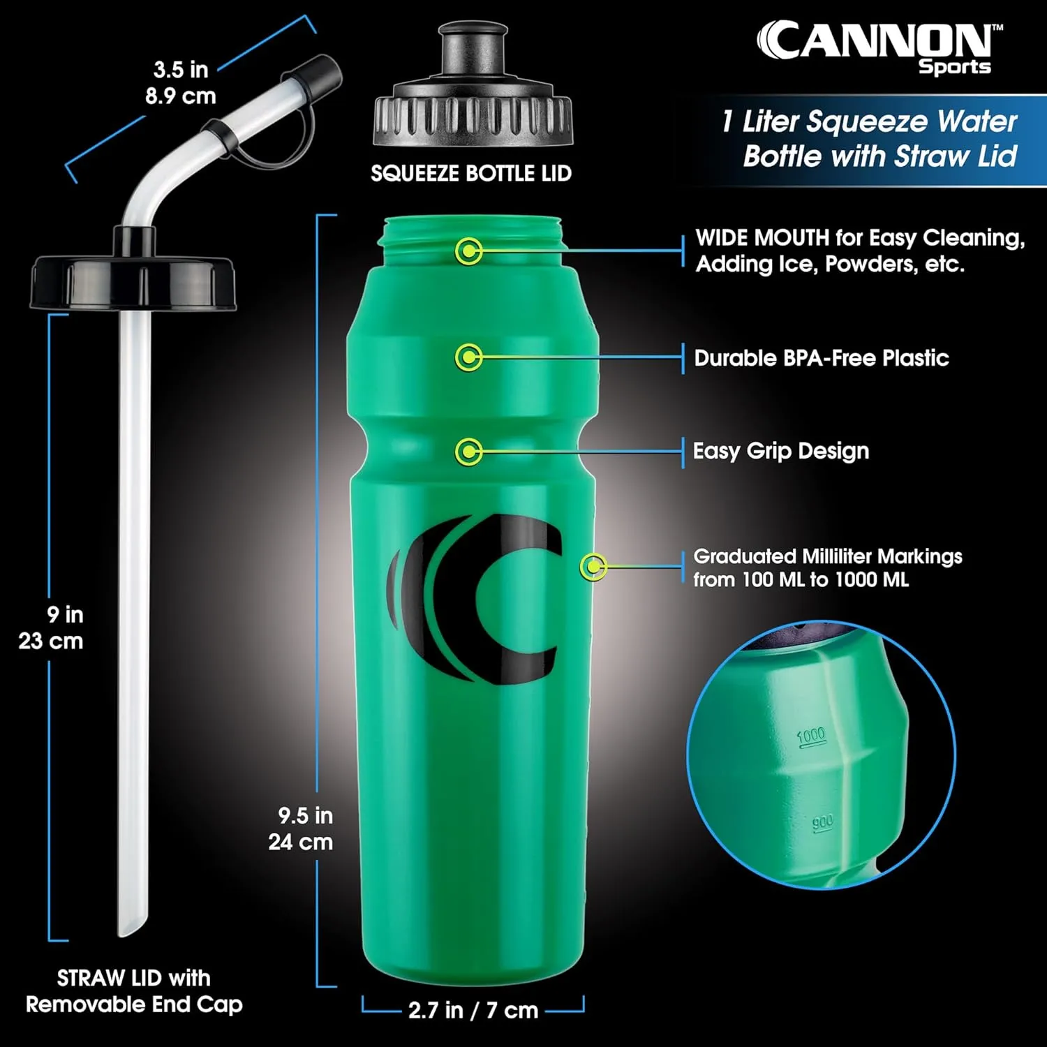 Cannon Sports 1 Liter Sports Water Bottle, BPA-Free, 34oz Capacity, Large Mouth, 2 lids (Straw & Squeeze) with Carrier, Great For Helmet Sports Such As Hockey, Lacrosse, Football, Boxing (Green)