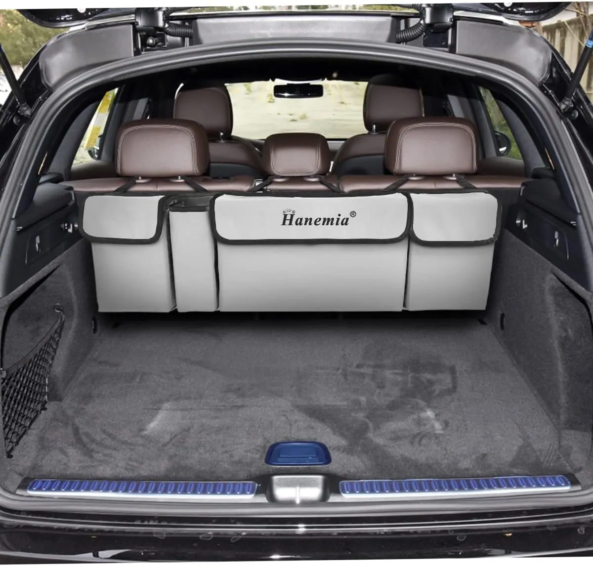 Car Trunk Organizer and Storage, Backseat Hanging Organizer for SUV, Truck, MPV, Waterproof, Collapsible Cargo Storage Bag with 4 Pockets, Car Accessories for Men and Women (Beige)
