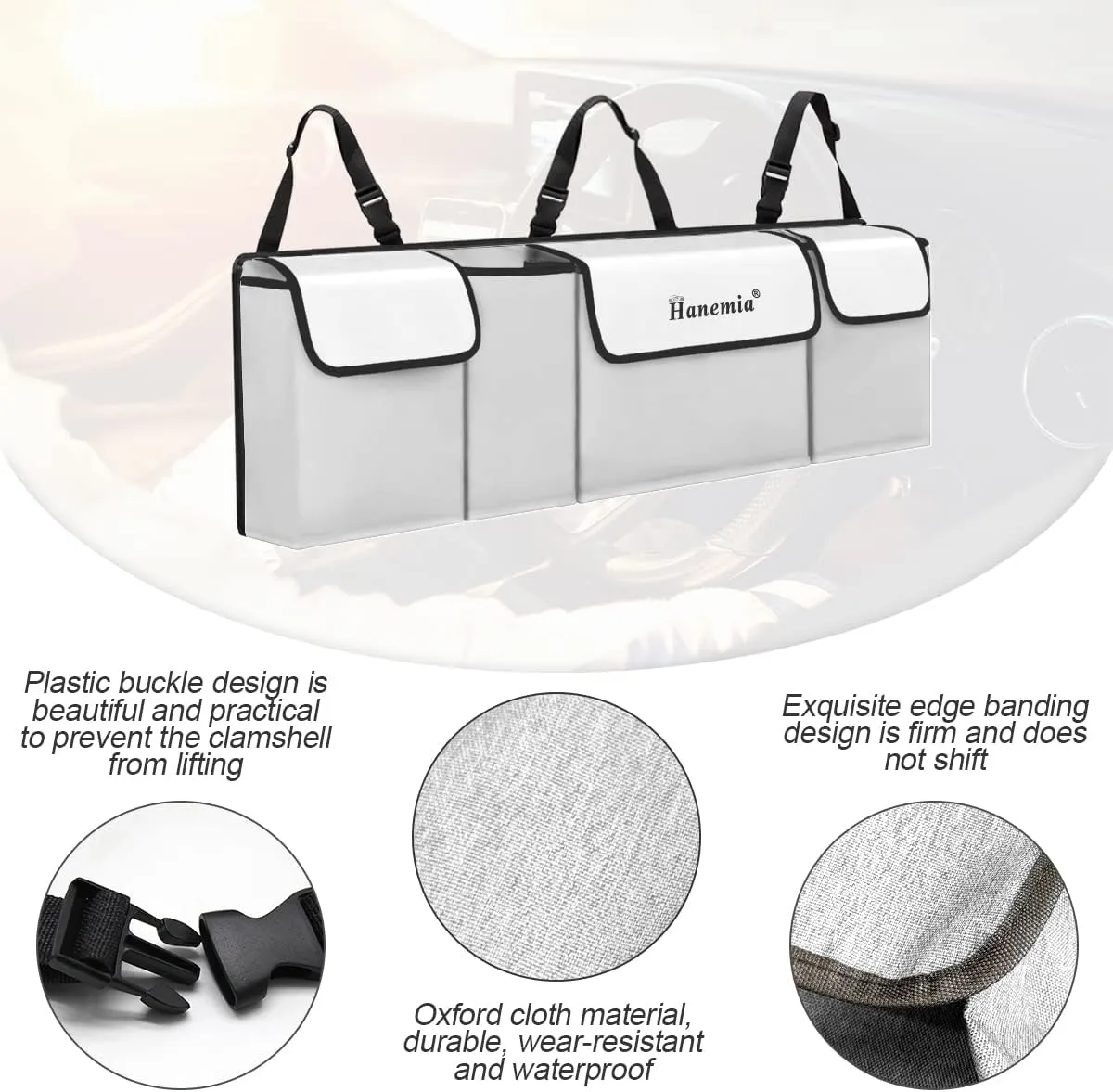 Car Trunk Organizer and Storage, Backseat Hanging Organizer for SUV, Truck, MPV, Waterproof, Collapsible Cargo Storage Bag with 4 Pockets, Car Accessories for Men and Women (Beige)