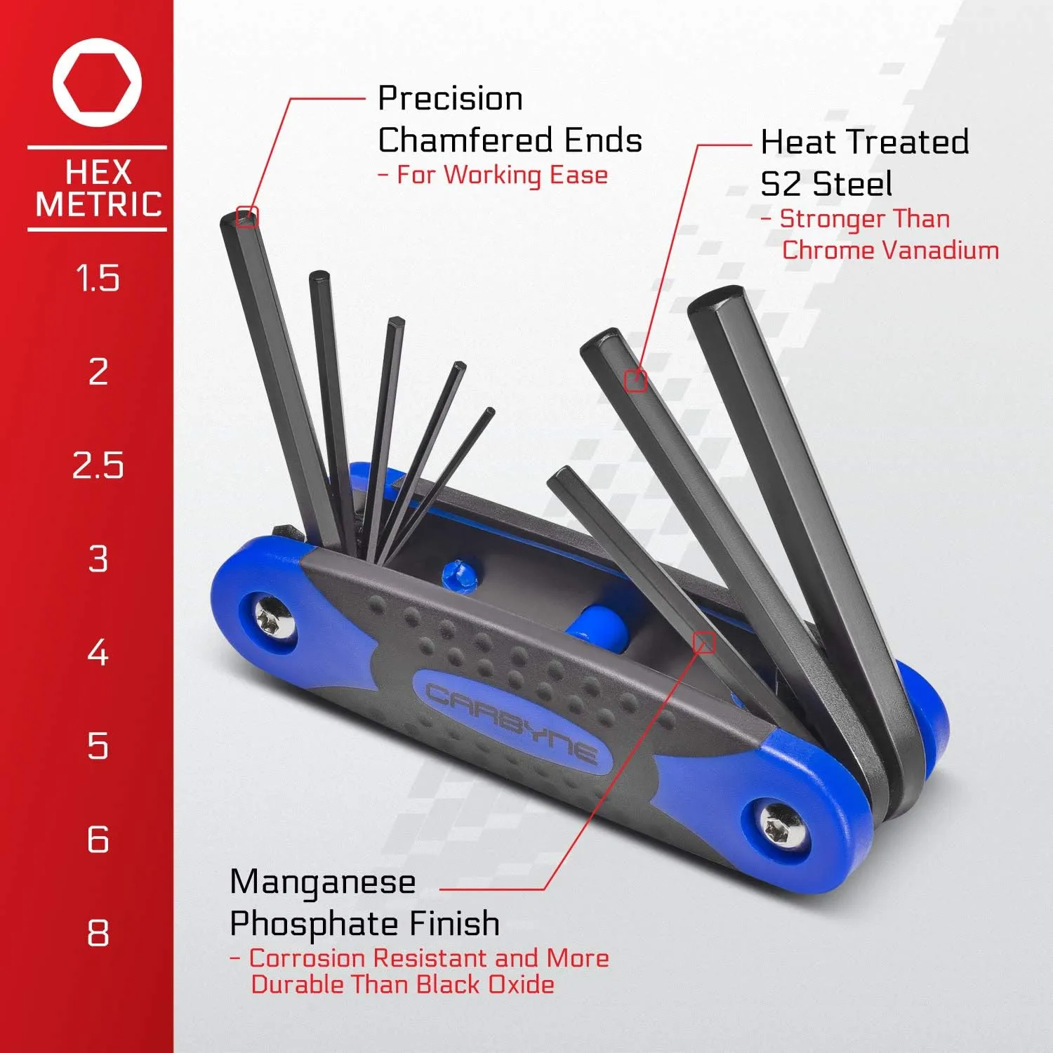 Carbyne 25-Piece Folding Hex (Allen) Key & Star (Torx) Wrench Set – Inch(Standard)/Metric/Star(Torx), Heat Treated S2 Steel. Includes Metric Hex 1.5-8mm, SAE Hex 5/64"-1/4", Star (Torx) T9-T40