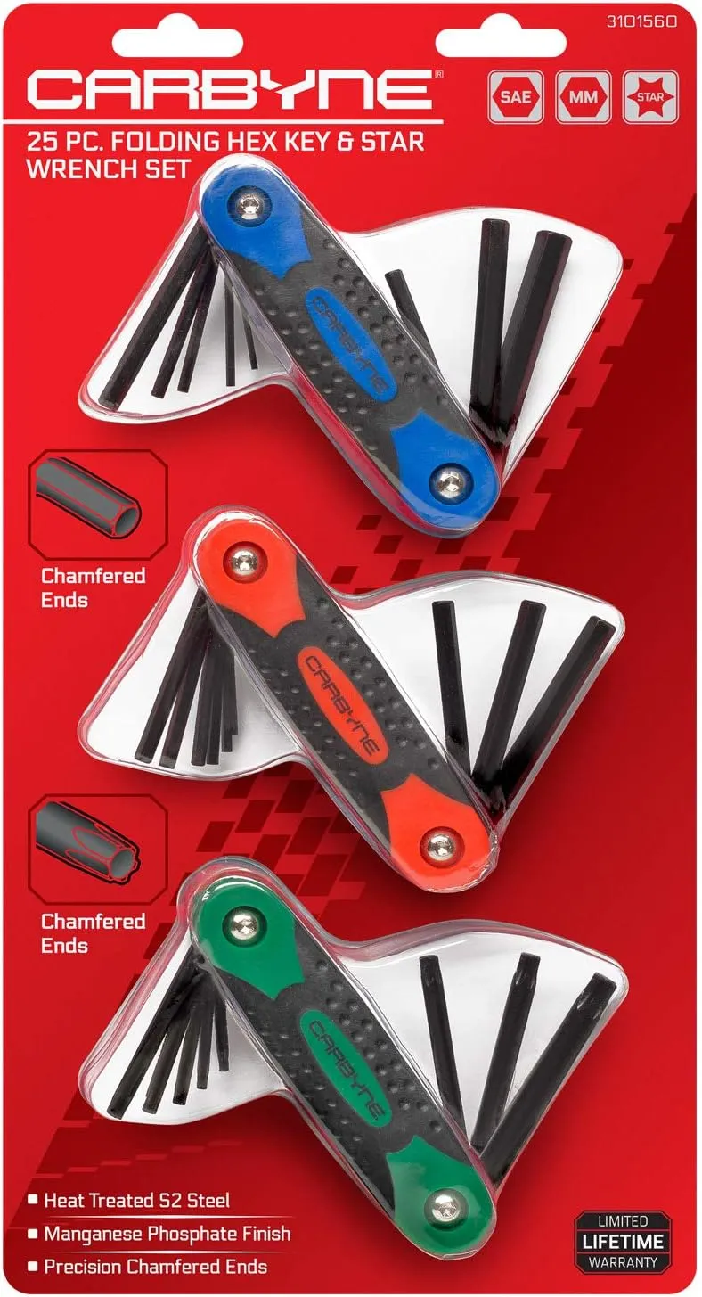 Carbyne 25-Piece Folding Hex (Allen) Key & Star (Torx) Wrench Set – Inch(Standard)/Metric/Star(Torx), Heat Treated S2 Steel. Includes Metric Hex 1.5-8mm, SAE Hex 5/64"-1/4", Star (Torx) T9-T40