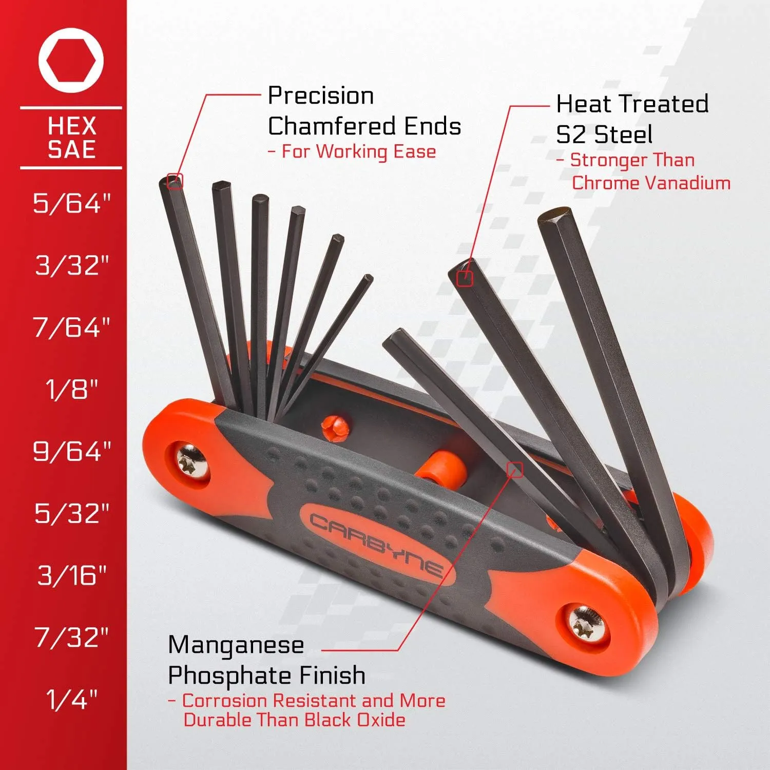 Carbyne 25-Piece Folding Hex (Allen) Key & Star (Torx) Wrench Set – Inch(Standard)/Metric/Star(Torx), Heat Treated S2 Steel. Includes Metric Hex 1.5-8mm, SAE Hex 5/64"-1/4", Star (Torx) T9-T40