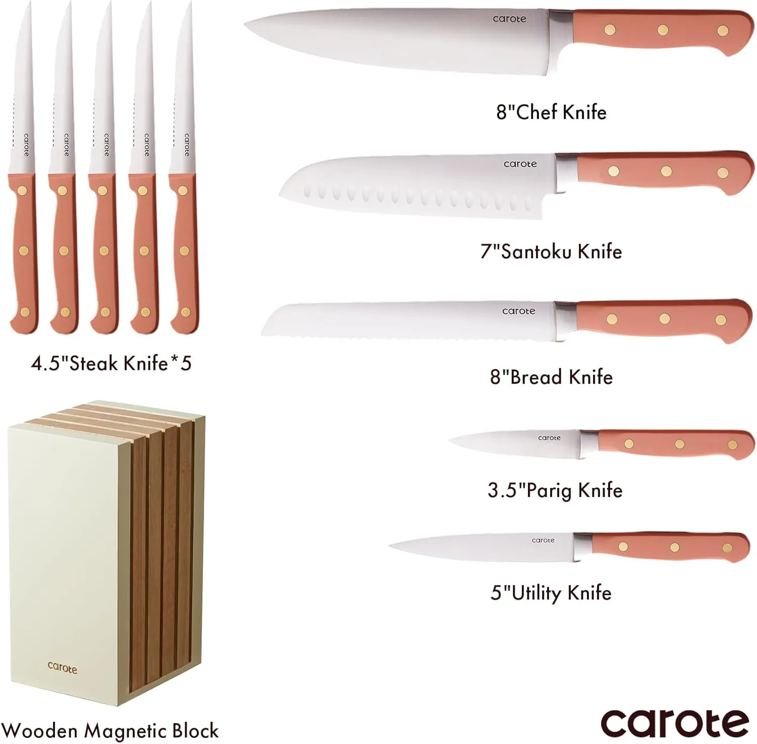 CAROTE 11 Pieces Knife Set with Block for kitchen, Stainless Steel Razor-Sharp Blade, Triple Riveted Ergonomic Handle, Wooden Magnetic Block, Essential Knife Block Set, Pink