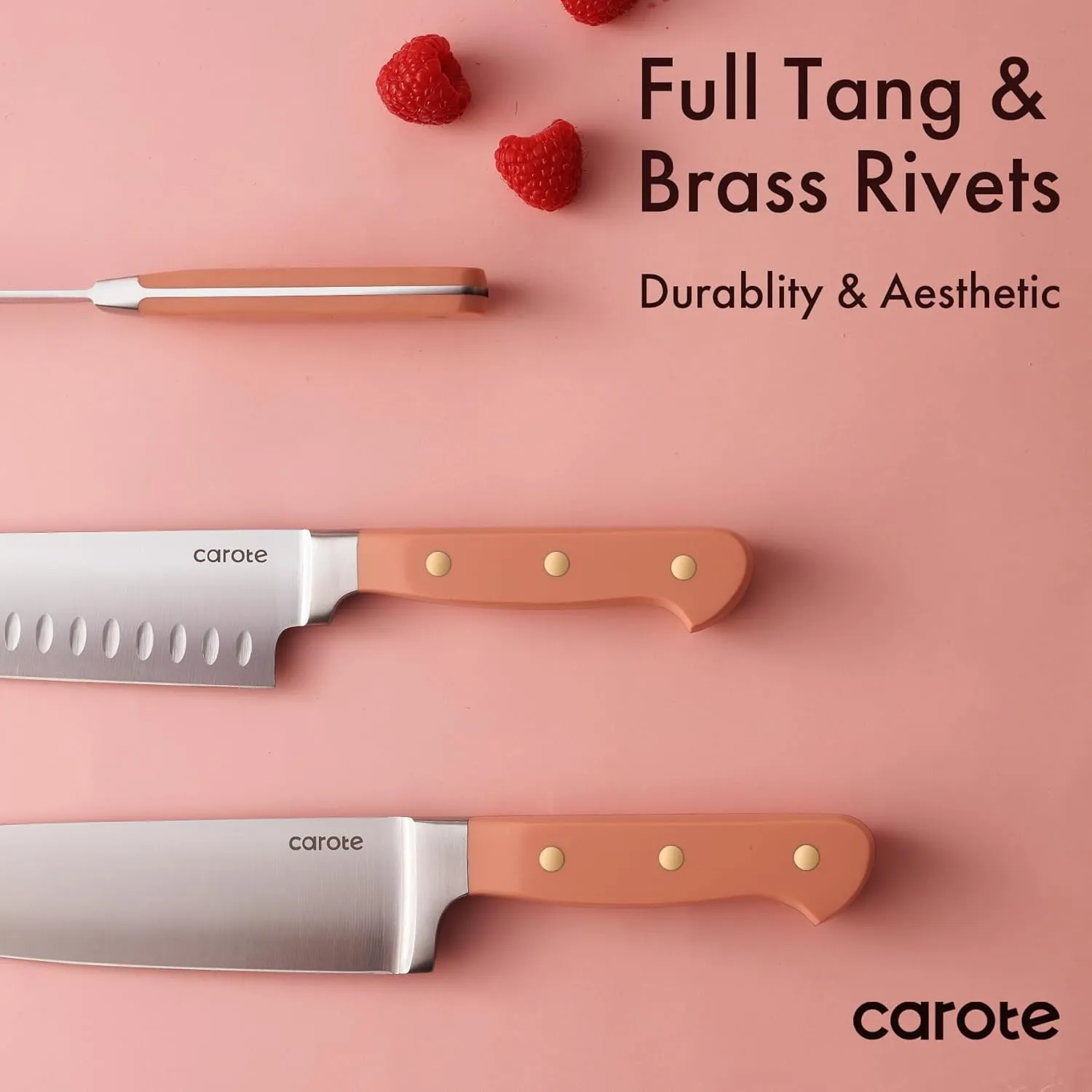 CAROTE 11 Pieces Knife Set with Block for kitchen, Stainless Steel Razor-Sharp Blade, Triple Riveted Ergonomic Handle, Wooden Magnetic Block, Essential Knife Block Set, Pink