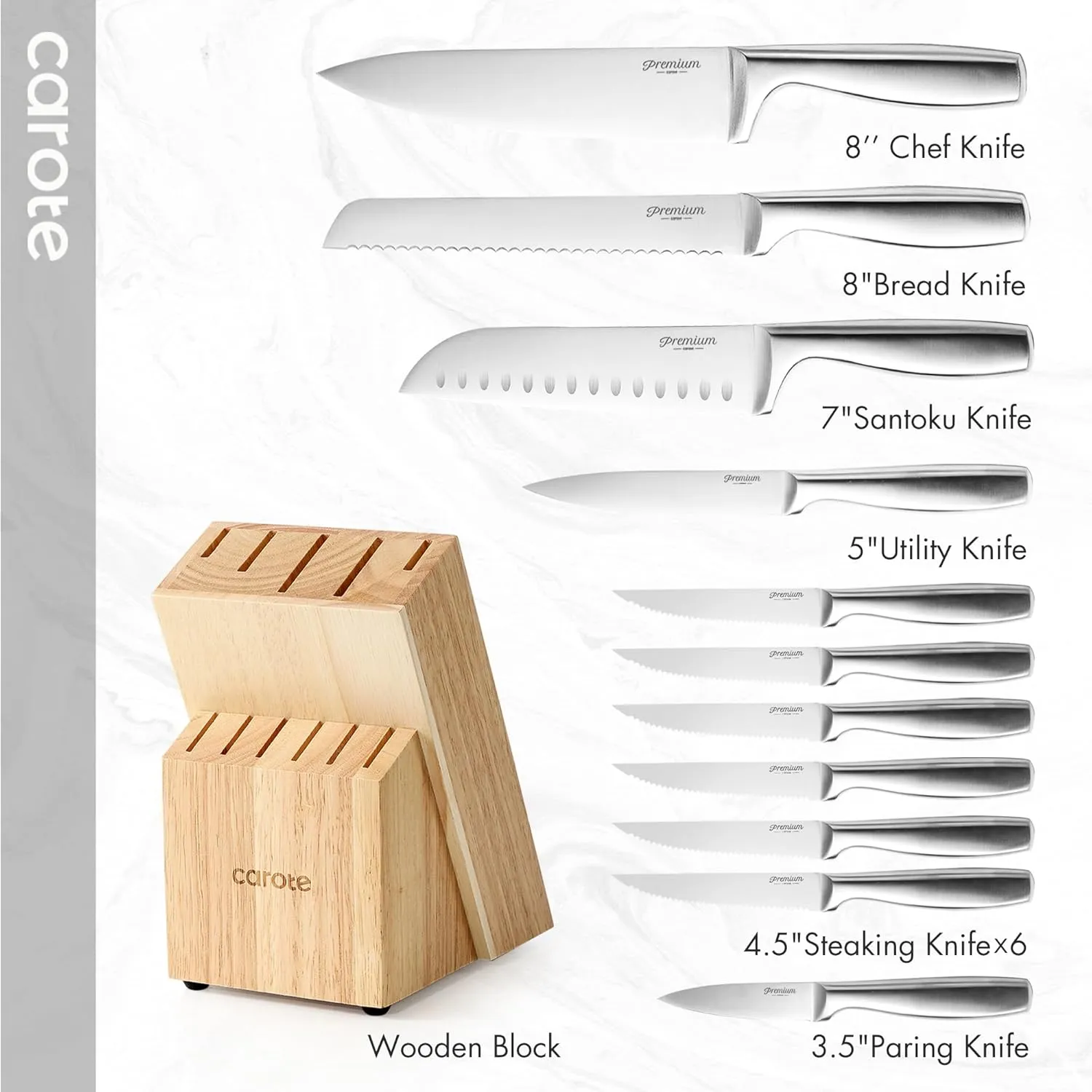 CAROTE 12 Pieces Knife Set, Stainless Steel Kitchen knife Set with Wooden Block, Block Knife Set with High Carbon Steel Blades, Razor-Sharp, Dishwasher Safe