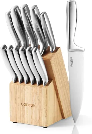 CAROTE 12 Pieces Knife Set, Stainless Steel Kitchen knife Set with Wooden Block, Block Knife Set with High Carbon Steel Blades, Razor-Sharp, Dishwasher Safe