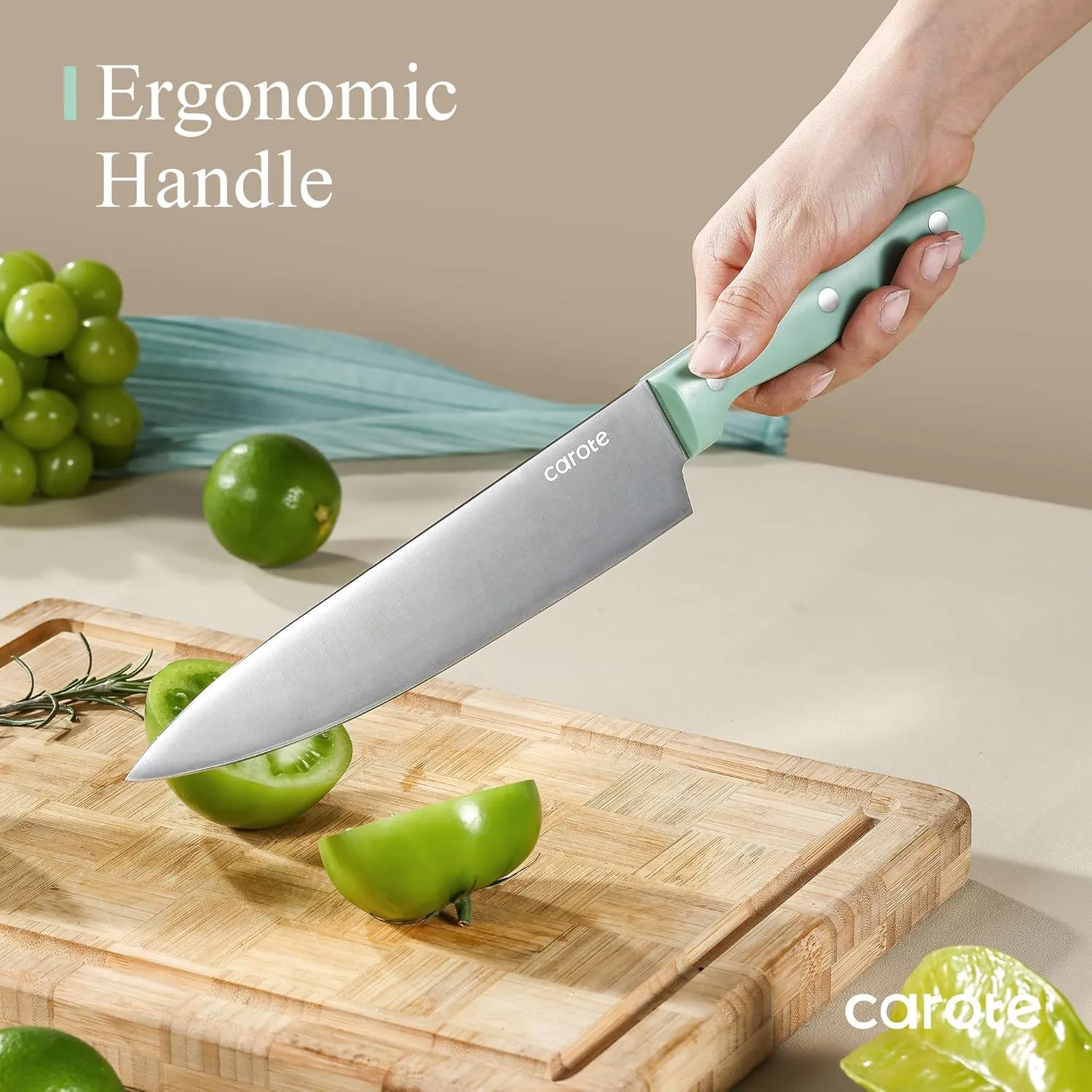 CAROTE 14 Pieces Knife Set with Block, Forged, High Carbon Stainless Steel Sharp Blade Block Knife Set, Dishwasher Safe Cutlery, Green