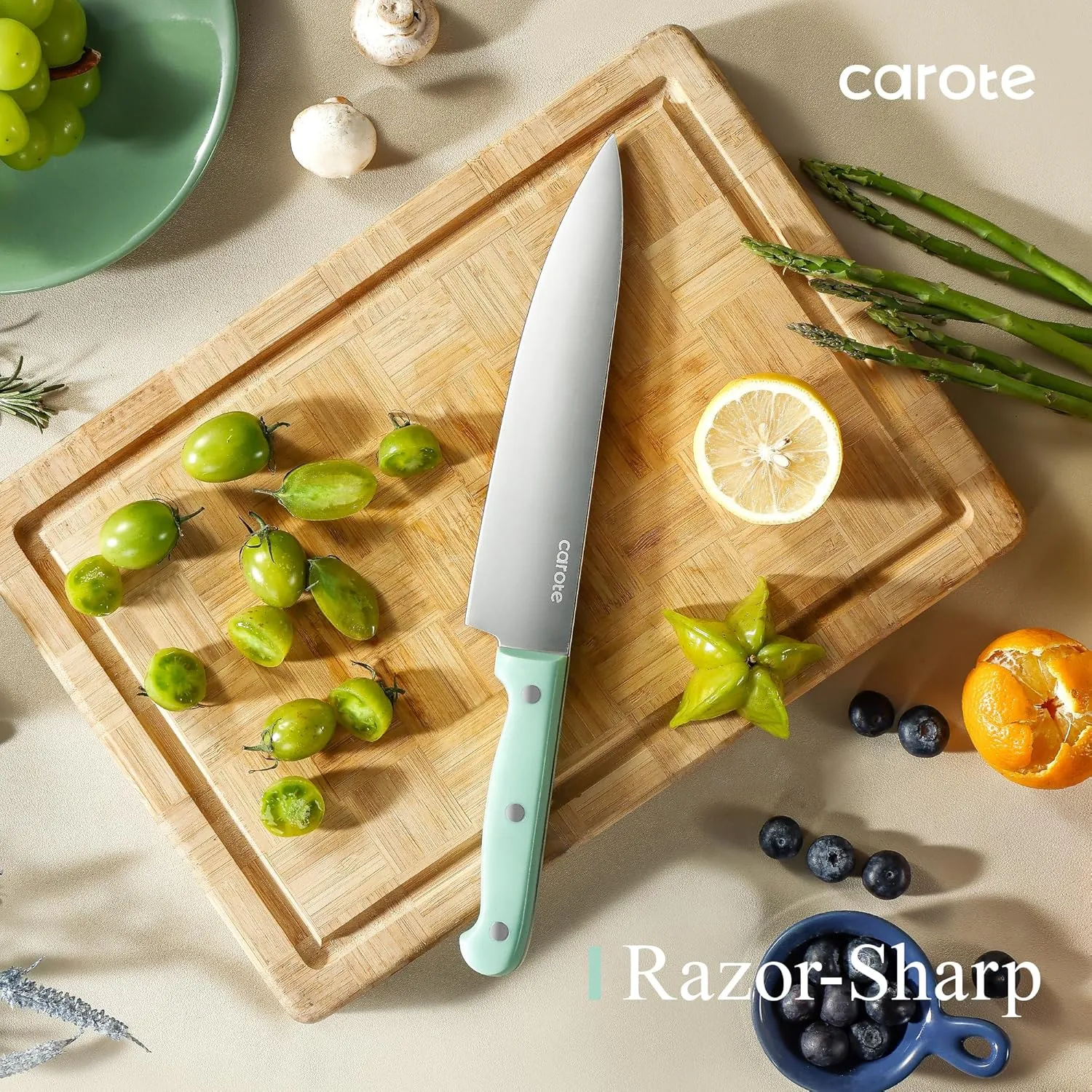 CAROTE 14 Pieces Knife Set with Block, Forged, High Carbon Stainless Steel Sharp Blade Block Knife Set, Dishwasher Safe Cutlery, Green