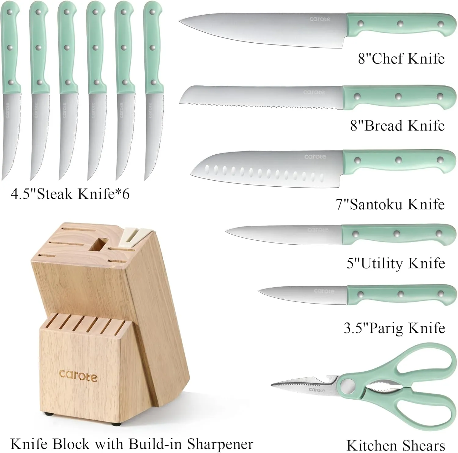 CAROTE 14 Pieces Knife Set with Block, Forged, High Carbon Stainless Steel Sharp Blade Block Knife Set, Dishwasher Safe Cutlery, Green