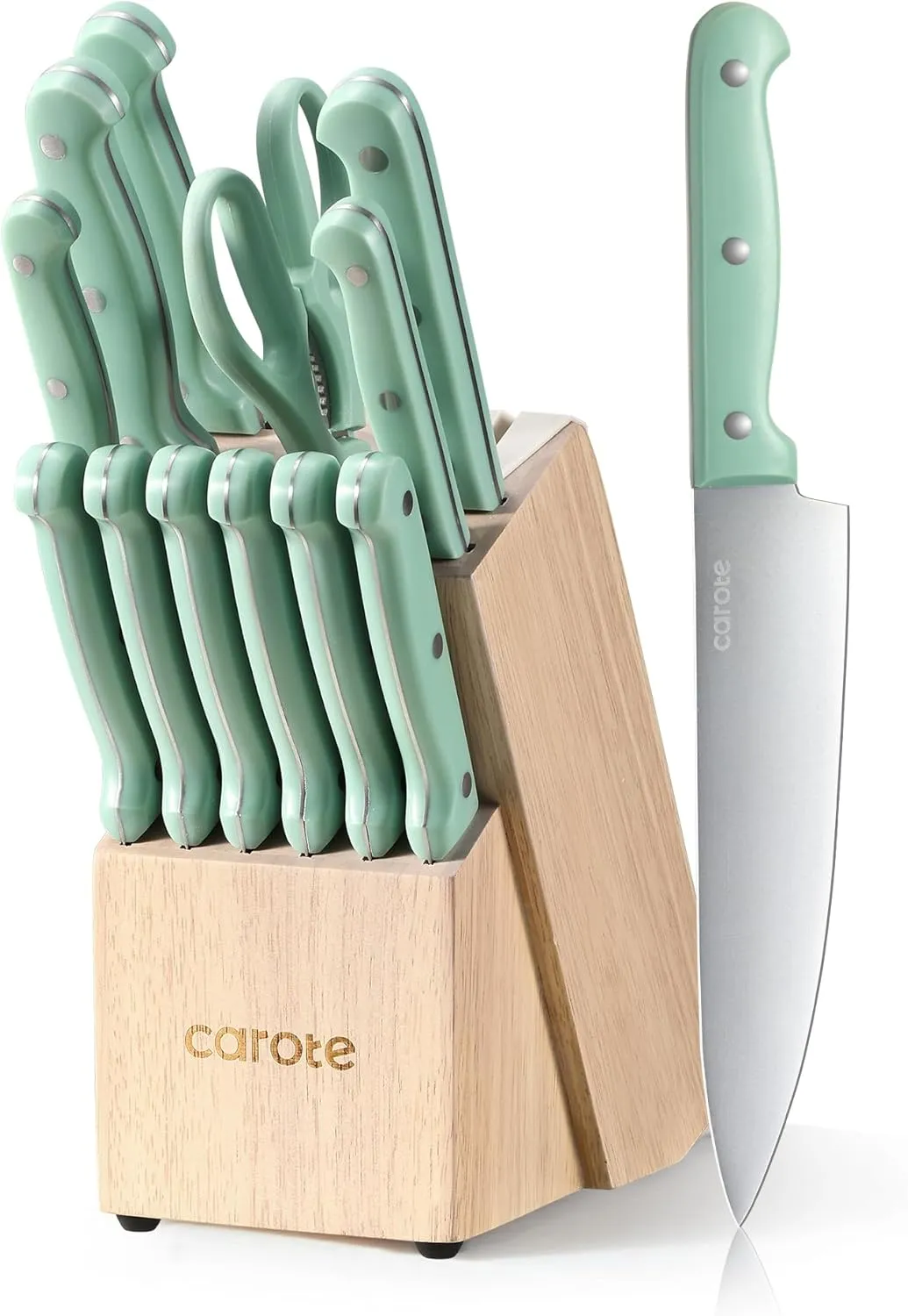 CAROTE 14 Pieces Knife Set with Block, Forged, High Carbon Stainless Steel Sharp Blade Block Knife Set, Dishwasher Safe Cutlery, Green