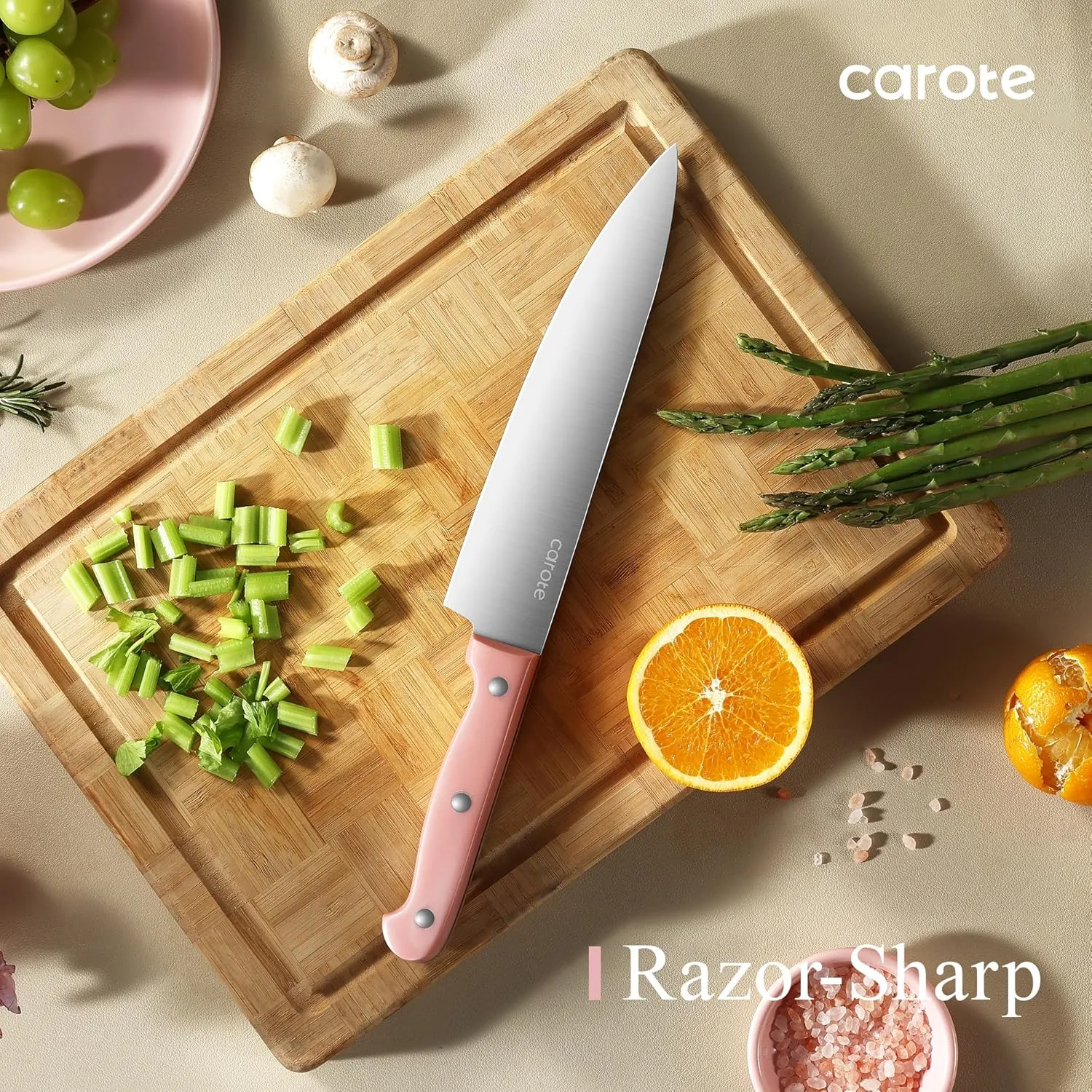 CAROTE 14 Pieces Knife Set with Block, Forged, High Carbon Stainless Steel Sharp Blade Block Knife Set, Dishwasher Safe Cutlery, Sandstone Pink