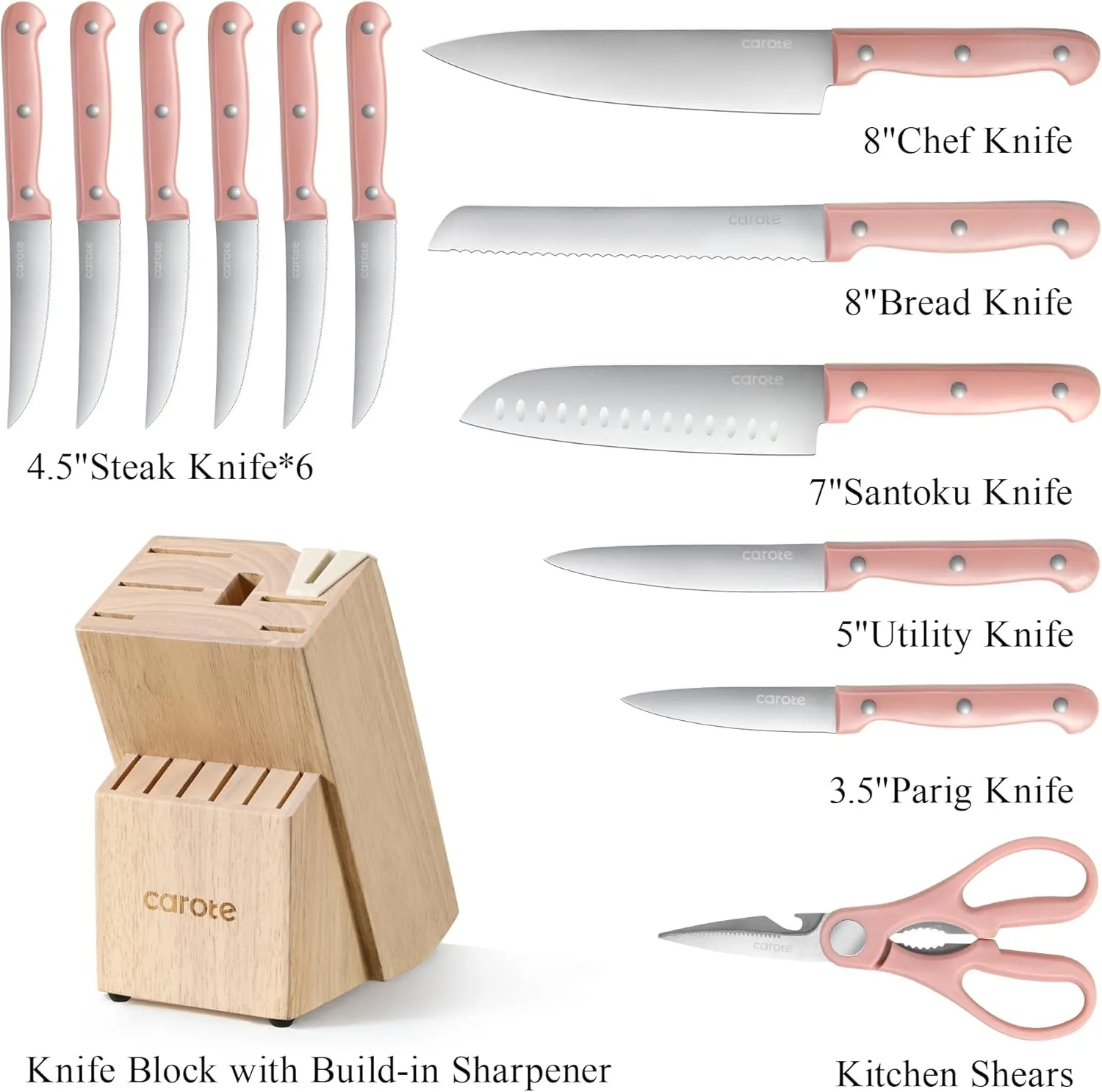 CAROTE 14 Pieces Knife Set with Block, Forged, High Carbon Stainless Steel Sharp Blade Block Knife Set, Dishwasher Safe Cutlery, Sandstone Pink