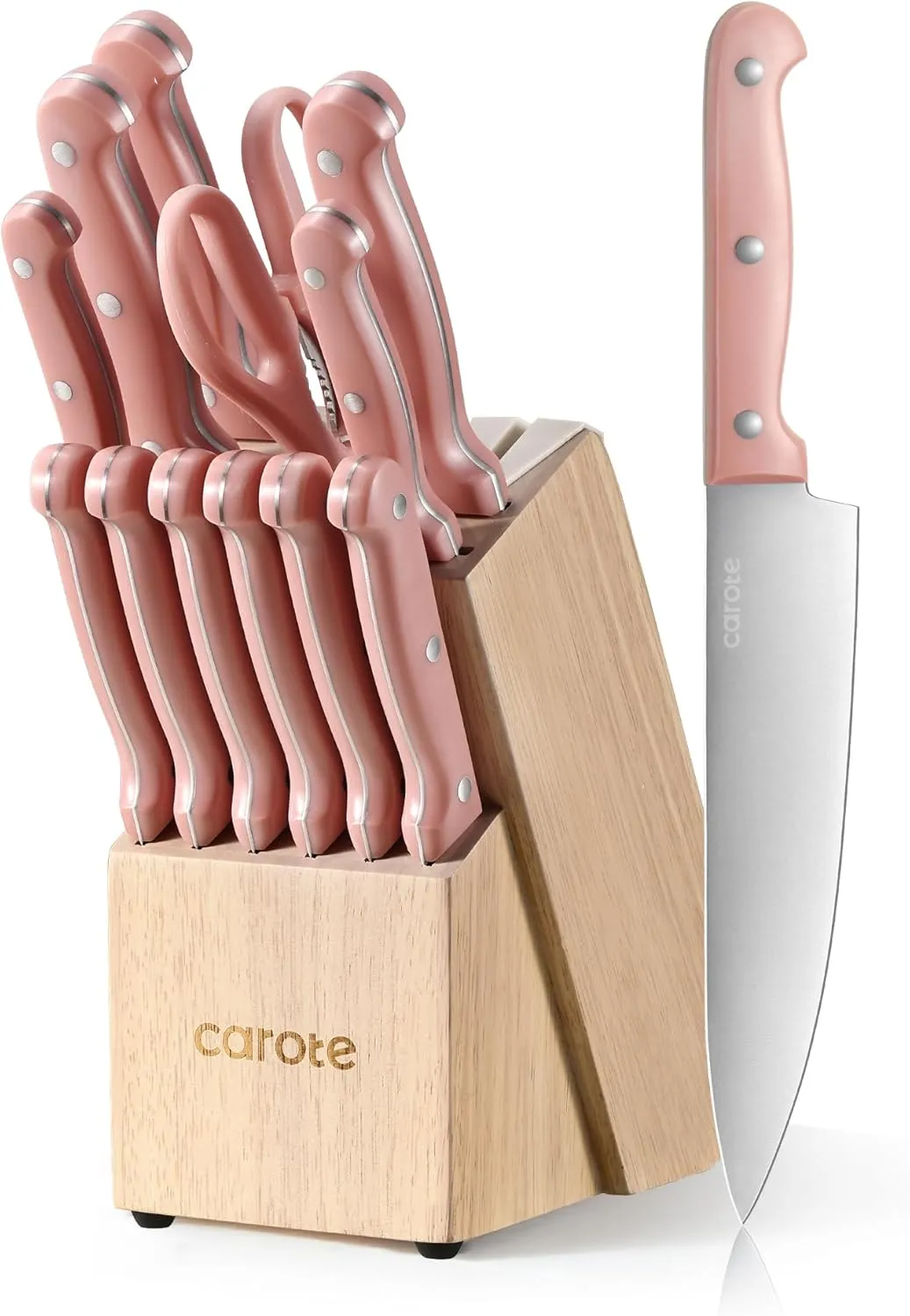 CAROTE 14 Pieces Knife Set with Block, Forged, High Carbon Stainless Steel Sharp Blade Block Knife Set, Dishwasher Safe Cutlery, Sandstone Pink