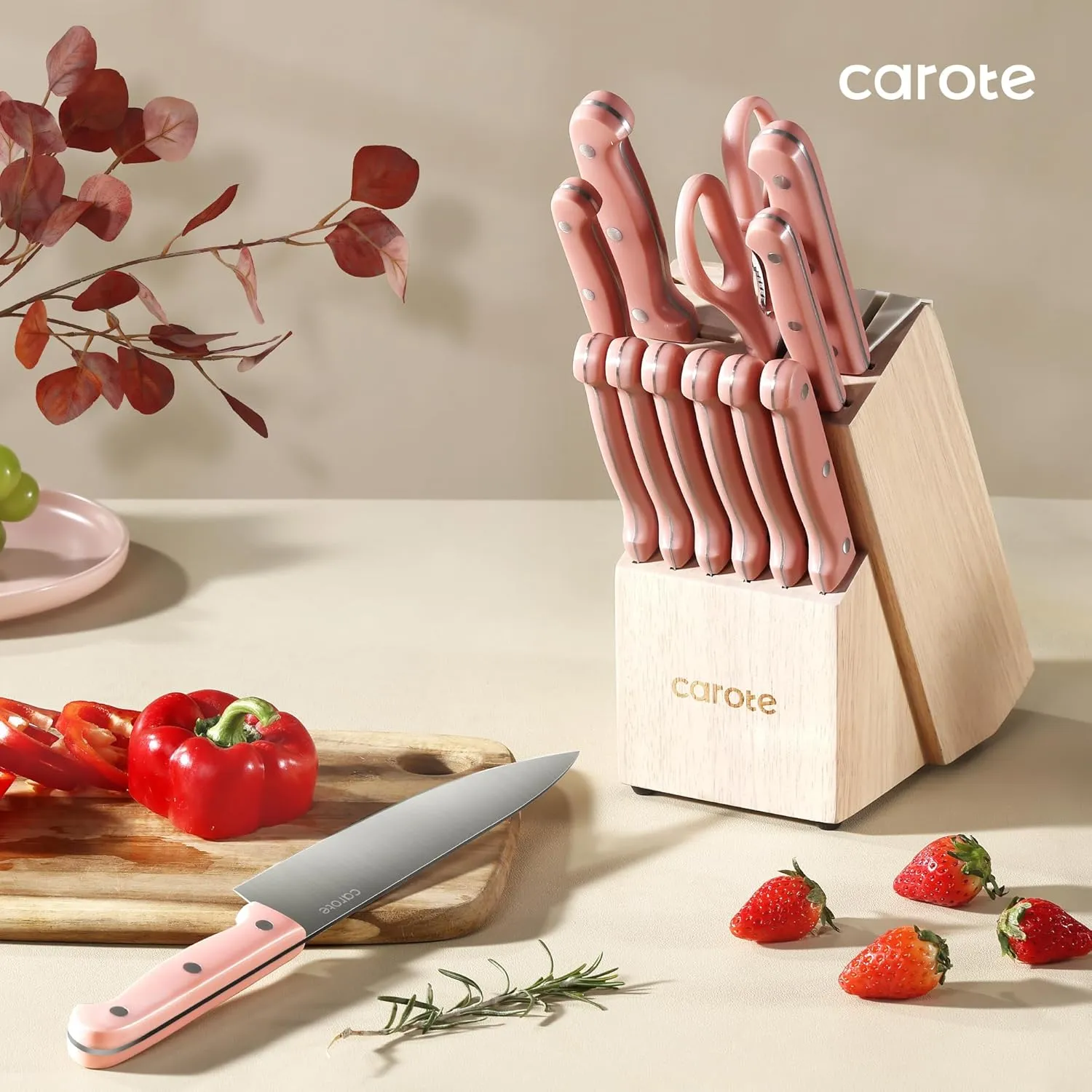 CAROTE 14 Pieces Knife Set with Block, Forged, High Carbon Stainless Steel Sharp Blade Block Knife Set, Dishwasher Safe Cutlery, Sandstone Pink