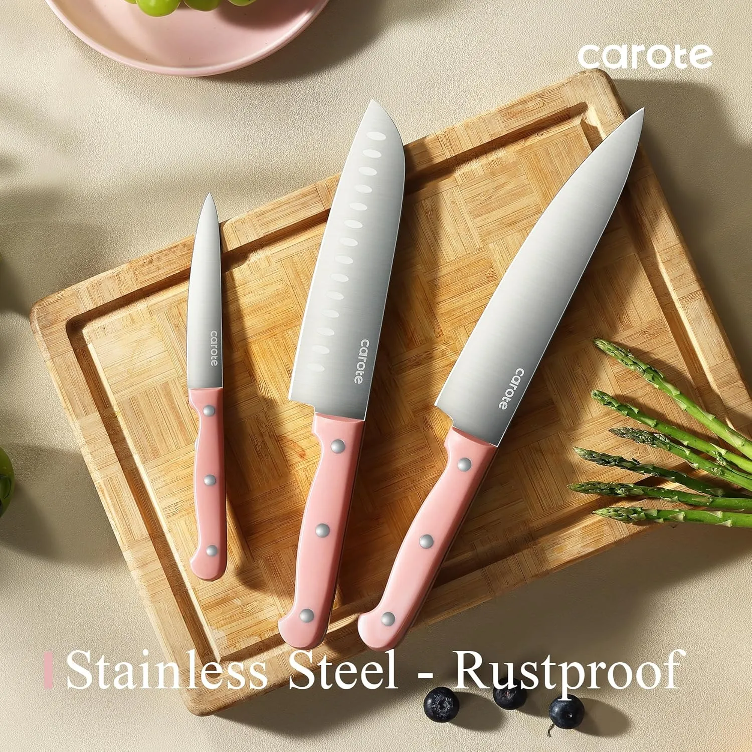 CAROTE 14 Pieces Knife Set with Block, Forged, High Carbon Stainless Steel Sharp Blade Block Knife Set, Dishwasher Safe Cutlery, Sandstone Pink