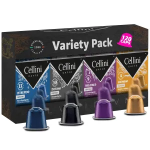 Cellini Caffè Mixed Variety Aluminum Nespresso Pods, 4 Distintive Italian Flavors, 100% Nespresso Original Machine Compatible, 120 Count, Medium to Strong Roast Coffee Capsules