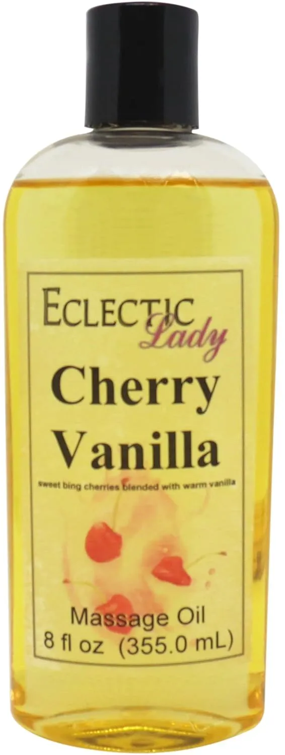 Cherry Vanilla Massage Oil, 8 oz, With Sweet Almond Oil and Jojoba Oil, Preservative Free, Perfect for Aromatherapy and Relaxation