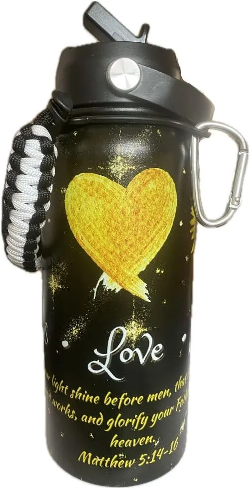 Christian Water Bottle with Straw and Handle, Leak-Proof, BPA-Free, Religious Gift, Mother's Day Gift, 32 oz, Jesus Love and Sunshine, 18/8 Stainless Steel Wide Mouth