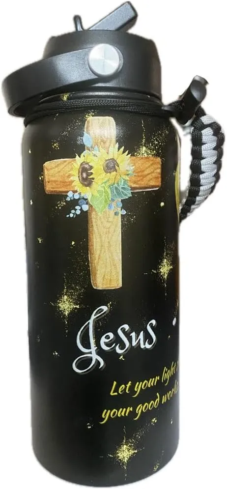 Christian Water Bottle with Straw and Handle, Leak-Proof, BPA-Free, Religious Gift, Mother's Day Gift, 32 oz, Jesus Love and Sunshine, 18/8 Stainless Steel Wide Mouth