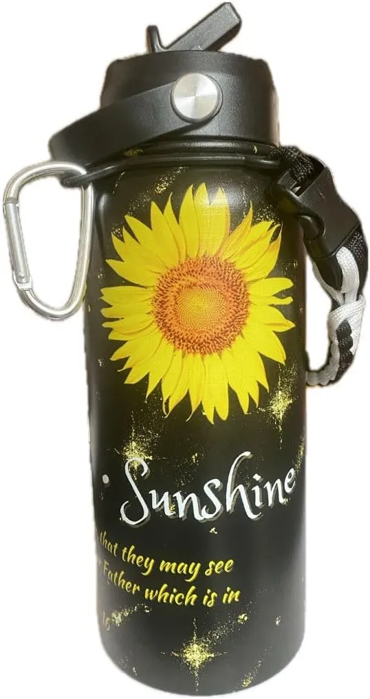 Christian Water Bottle with Straw and Handle, Leak-Proof, BPA-Free, Religious Gift, Mother's Day Gift, 32 oz, Jesus Love and Sunshine, 18/8 Stainless Steel Wide Mouth
