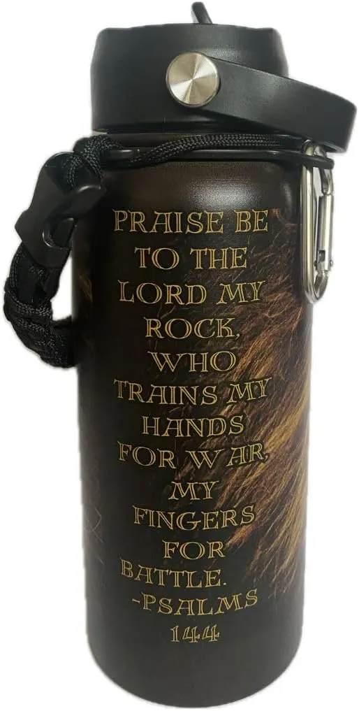 Christian Water Bottle with Straw and Handle, Leak-Proof, BPA-Free, Religious Gift, Mother's Day Gift, 32 oz (Mantled for War: Lion, 18/8 Stainless Steel Wide Mouth)