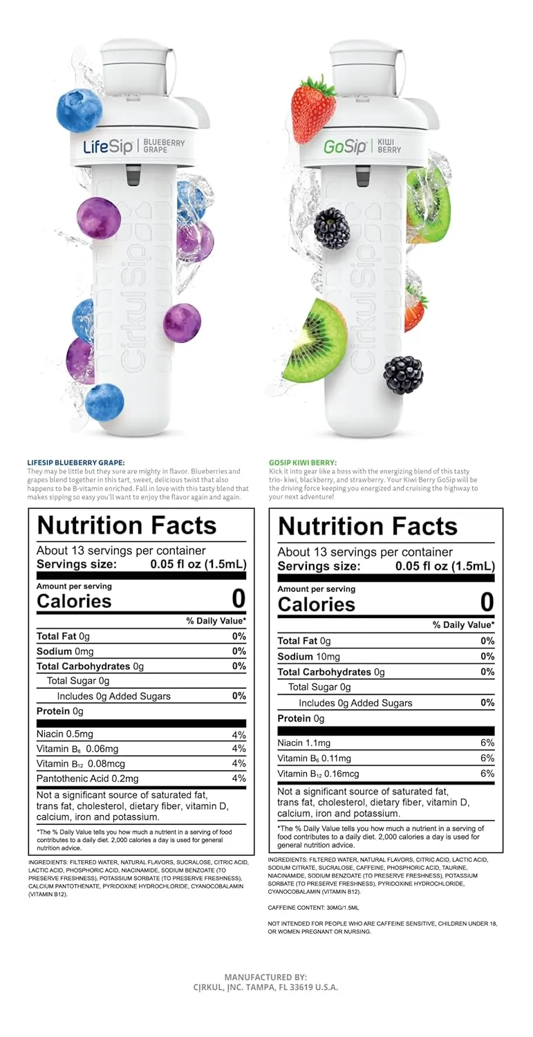 Cirkul 32oz. BPA-Free Plastic Water Bottle Starter Kit with Navy Lid, 2 Flavor Cartridges (1 LifeSip Blueberry Grape, 1 GoSip Kiwi Berry) Zero Calories and No Sugar