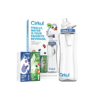 Cirkul 32oz. BPA-Free Plastic Water Bottle Starter Kit with Navy Lid, 2 Flavor Cartridges (1 LifeSip Blueberry Grape, 1 GoSip Kiwi Berry) Zero Calories and No Sugar