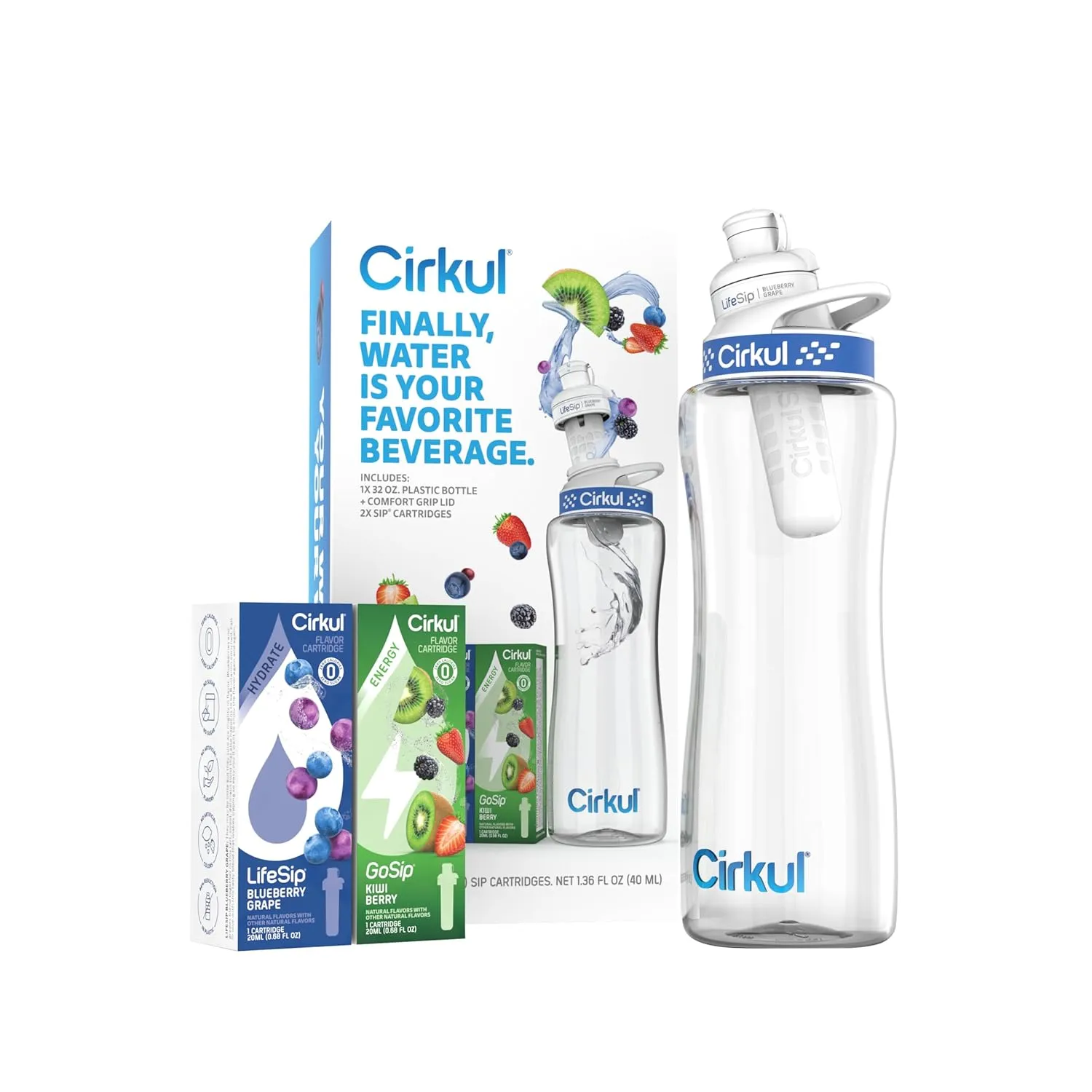 Cirkul 32oz. BPA-Free Plastic Water Bottle Starter Kit with Navy Lid, 2 Flavor Cartridges (1 LifeSip Blueberry Grape, 1 GoSip Kiwi Berry) Zero Calories and No Sugar