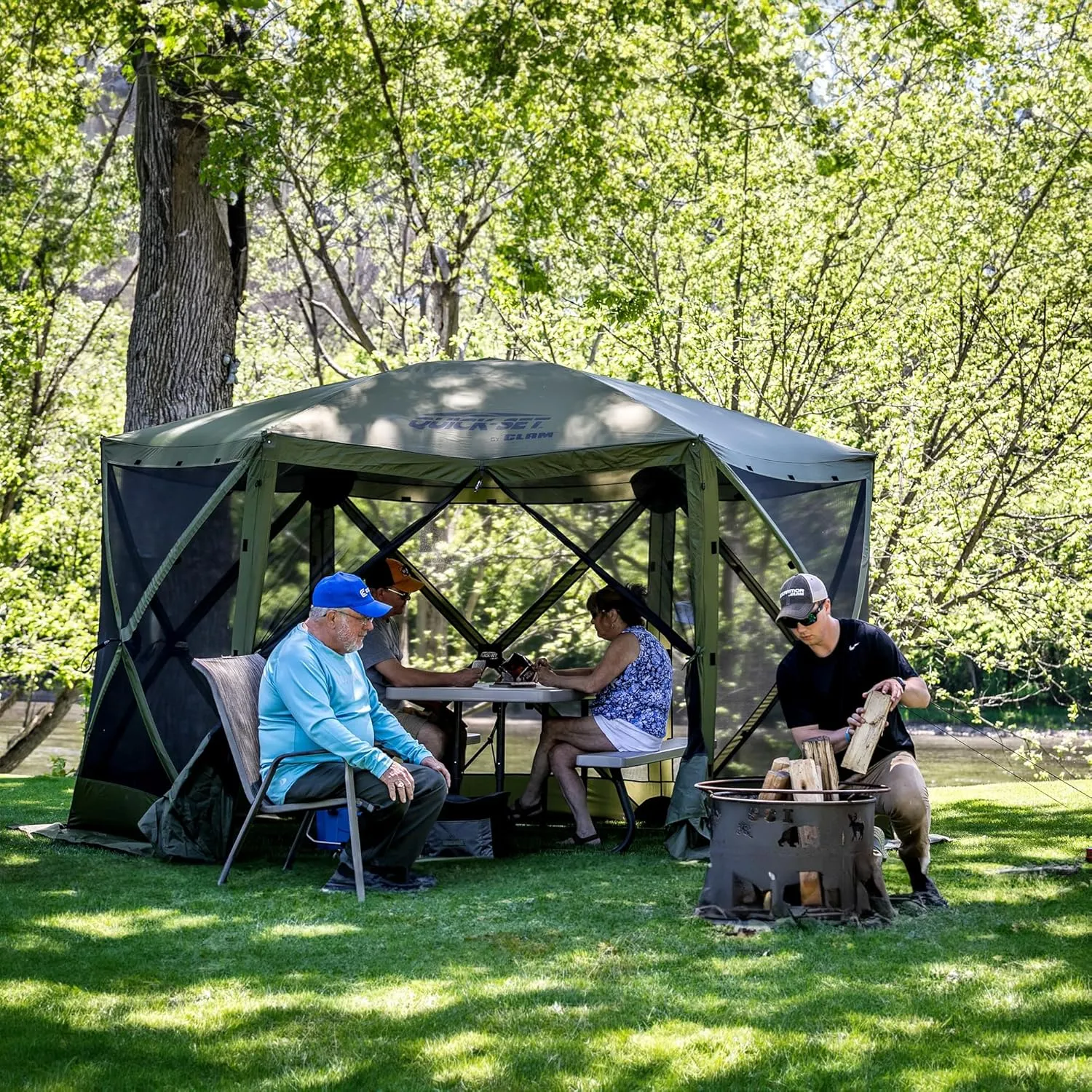 CLAM Pop Up Screen Tent, Outdoor Camping Gazebo Canopy, Pavilion, 12.5', Green - Heavy-Duty Portable Screened Shelter with Netting for Beach, Patio, and Backyard