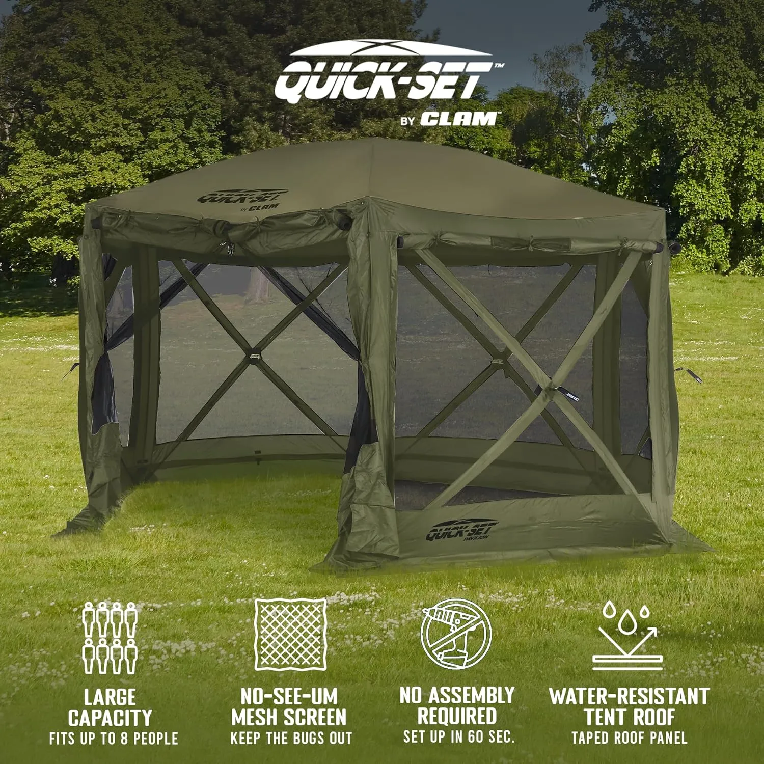 CLAM Pop Up Screen Tent, Outdoor Camping Gazebo Canopy, Pavilion, 12.5', Green - Heavy-Duty Portable Screened Shelter with Netting for Beach, Patio, and Backyard