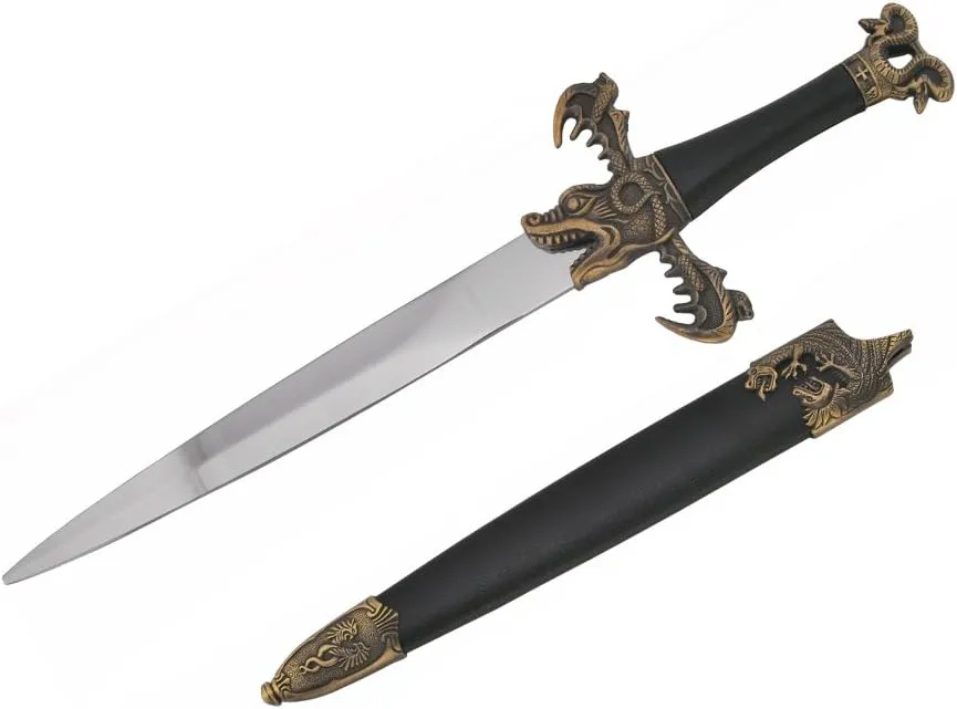 Co H-5930 Medieval Dagger with Dragon Gold Handle Design and Black Scabbard, 16"