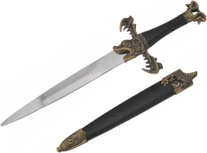 Co H-5930 Medieval Dagger with Dragon Gold Handle Design and Black Scabbard, 16"