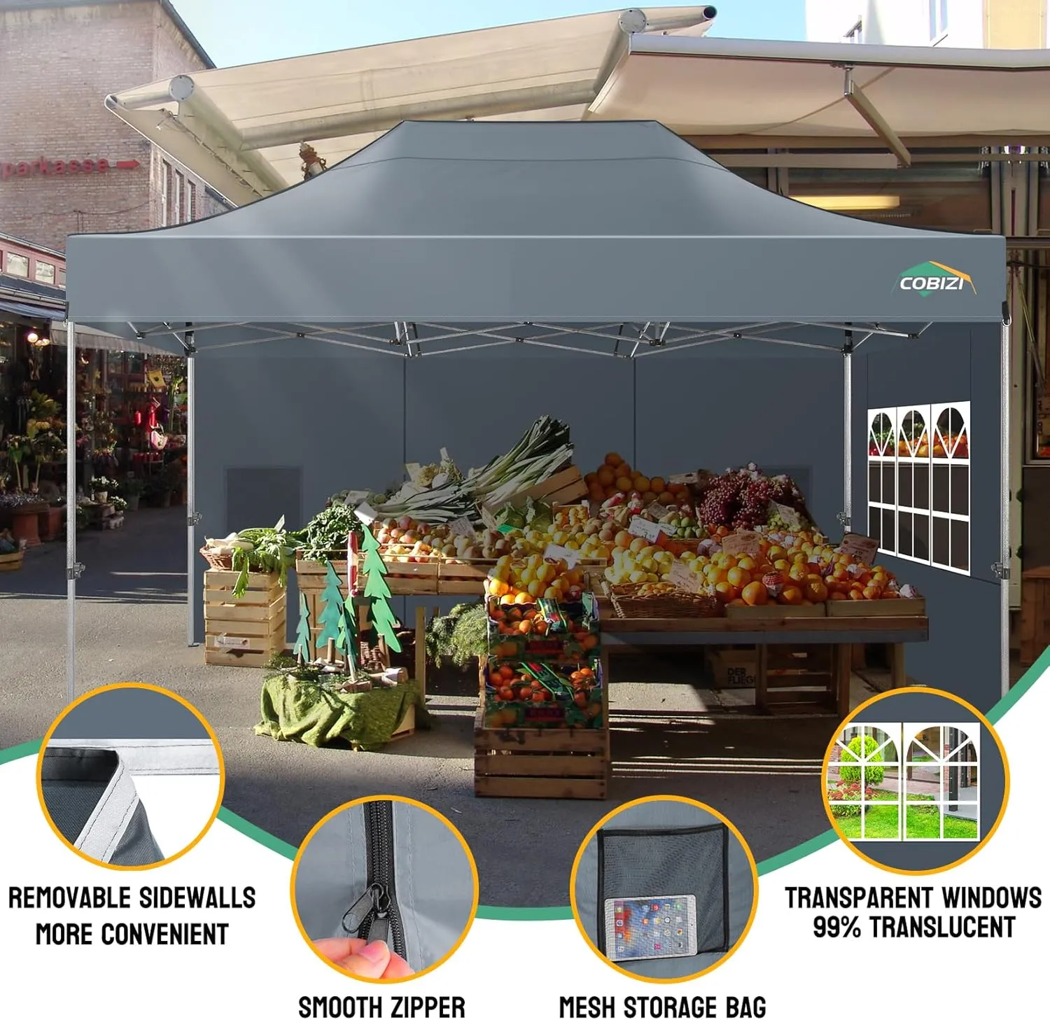 COBIZI 10x15 Pop up Canopy Tent Heavy Duty Without Sidewalls, Easy Set-up Commercial Outdoor Party Tent, 100% Waterproof Wedding Tent Gazebo, 3 Height Adjustable with Handbag, Gray