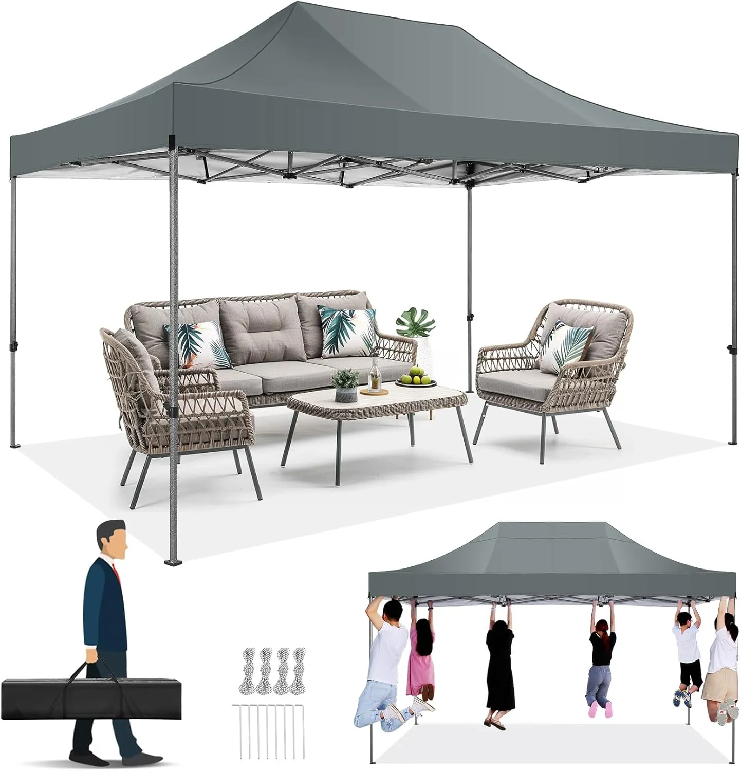 COBIZI 10x15 Pop up Canopy Tent Heavy Duty Without Sidewalls, Easy Set-up Commercial Outdoor Party Tent, 100% Waterproof Wedding Tent Gazebo, 3 Height Adjustable with Handbag, Gray