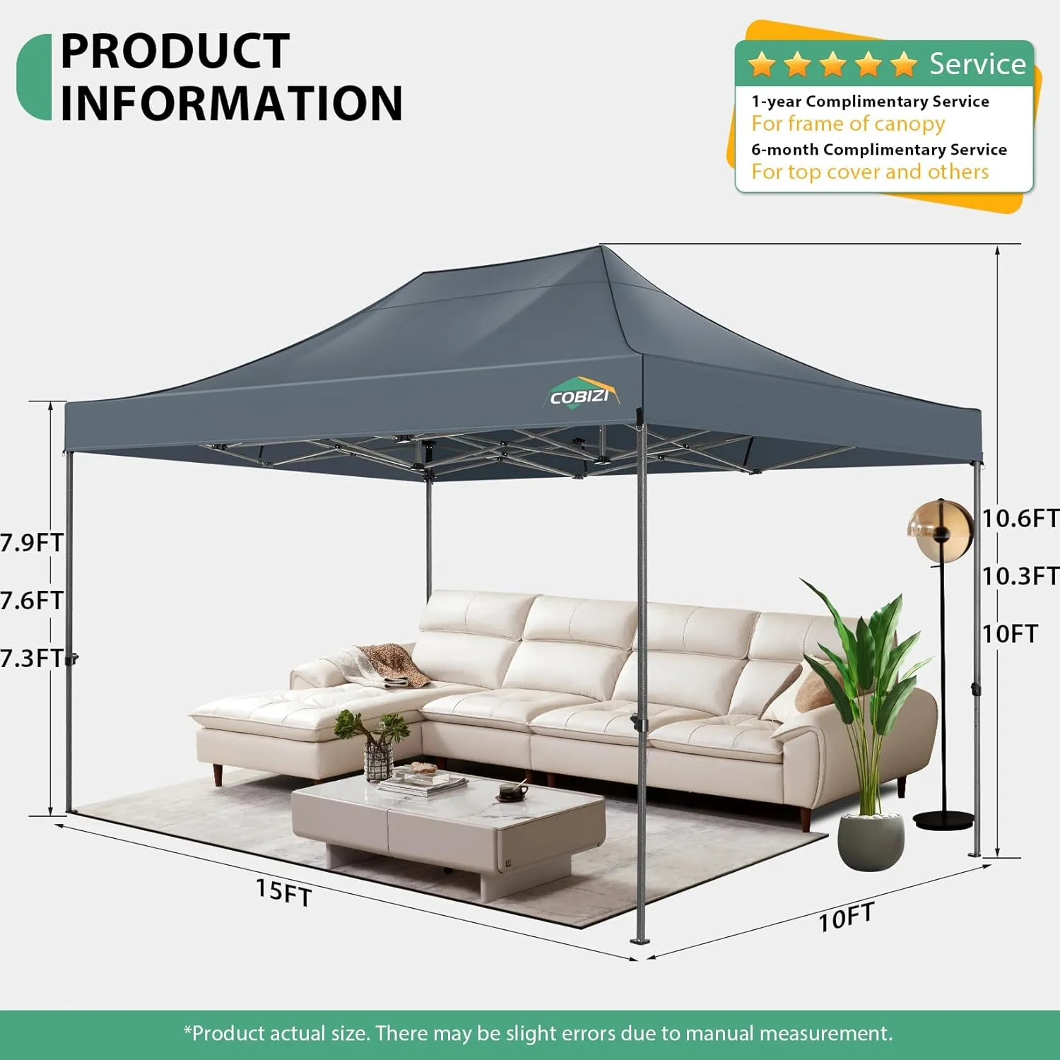 COBIZI 10x15 Pop up Canopy Tent Heavy Duty Without Sidewalls, Easy Set-up Commercial Outdoor Party Tent, 100% Waterproof Wedding Tent Gazebo, 3 Height Adjustable with Handbag, Gray