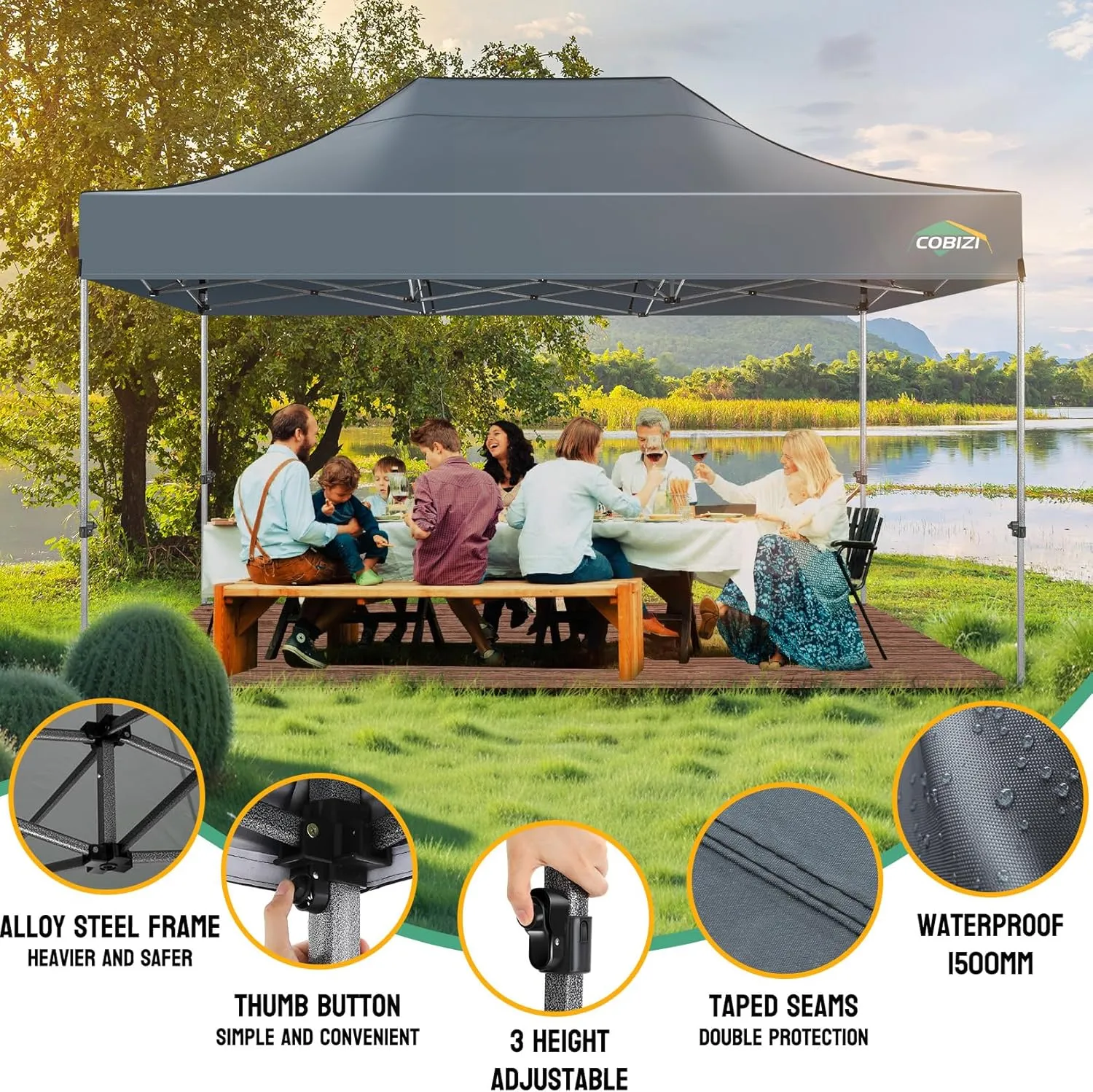 COBIZI 10x15 Pop up Canopy Tent Heavy Duty Without Sidewalls, Easy Set-up Commercial Outdoor Party Tent, 100% Waterproof Wedding Tent Gazebo, 3 Height Adjustable with Handbag, Gray