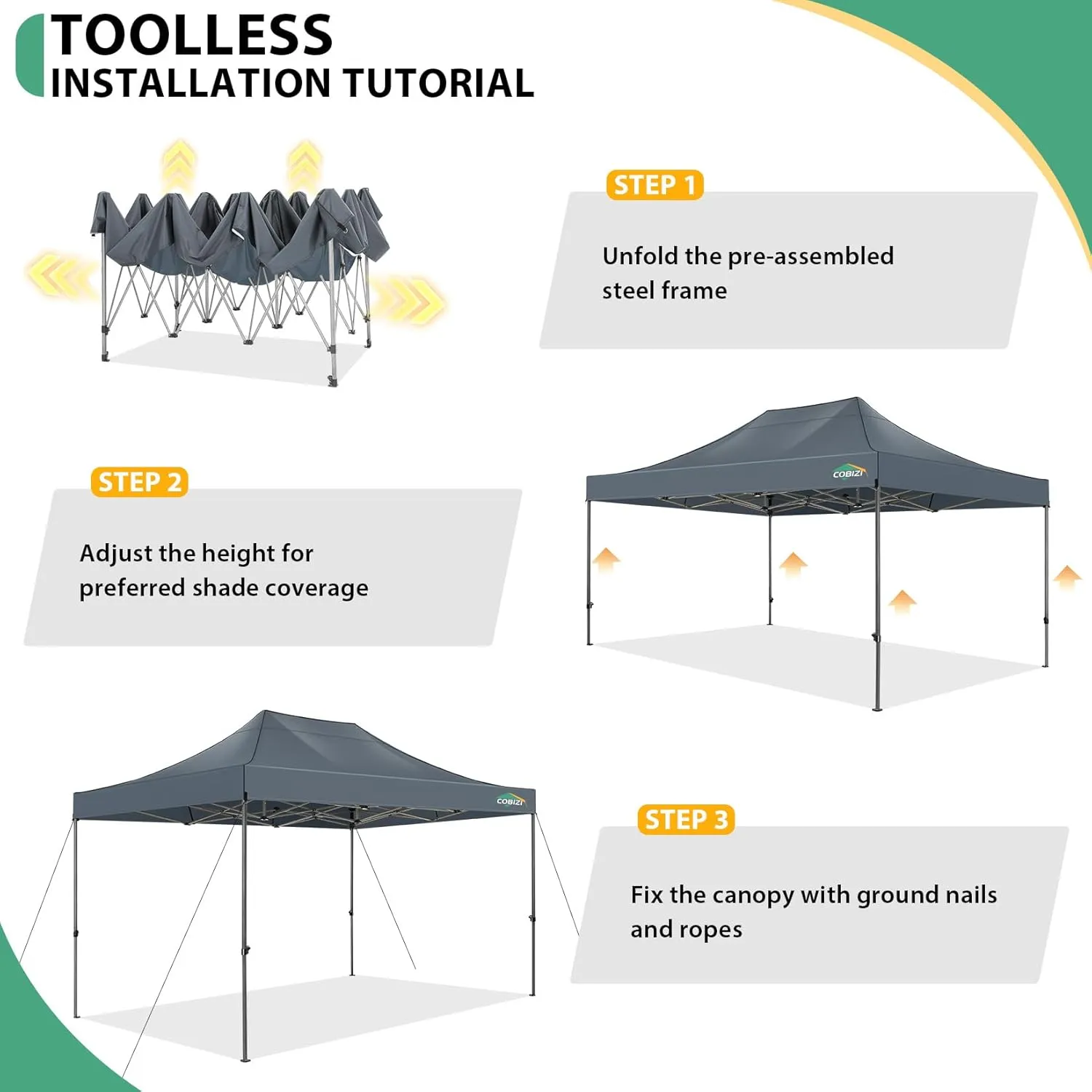 COBIZI 10x15 Pop up Canopy Tent Heavy Duty Without Sidewalls, Easy Set-up Commercial Outdoor Party Tent, 100% Waterproof Wedding Tent Gazebo, 3 Height Adjustable with Handbag, Gray