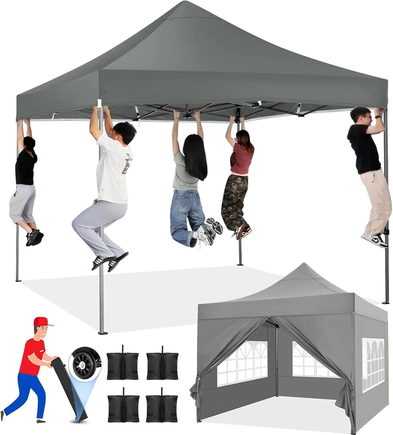COBIZI Pop up Canopy Tent 10x10 Heavy Duty Gazebo with 4 Sidewalls, UPF 50  All Weather Waterproof Commercial Outdoor Wedding Party Tents Canopy with Roller Bag,Gray
