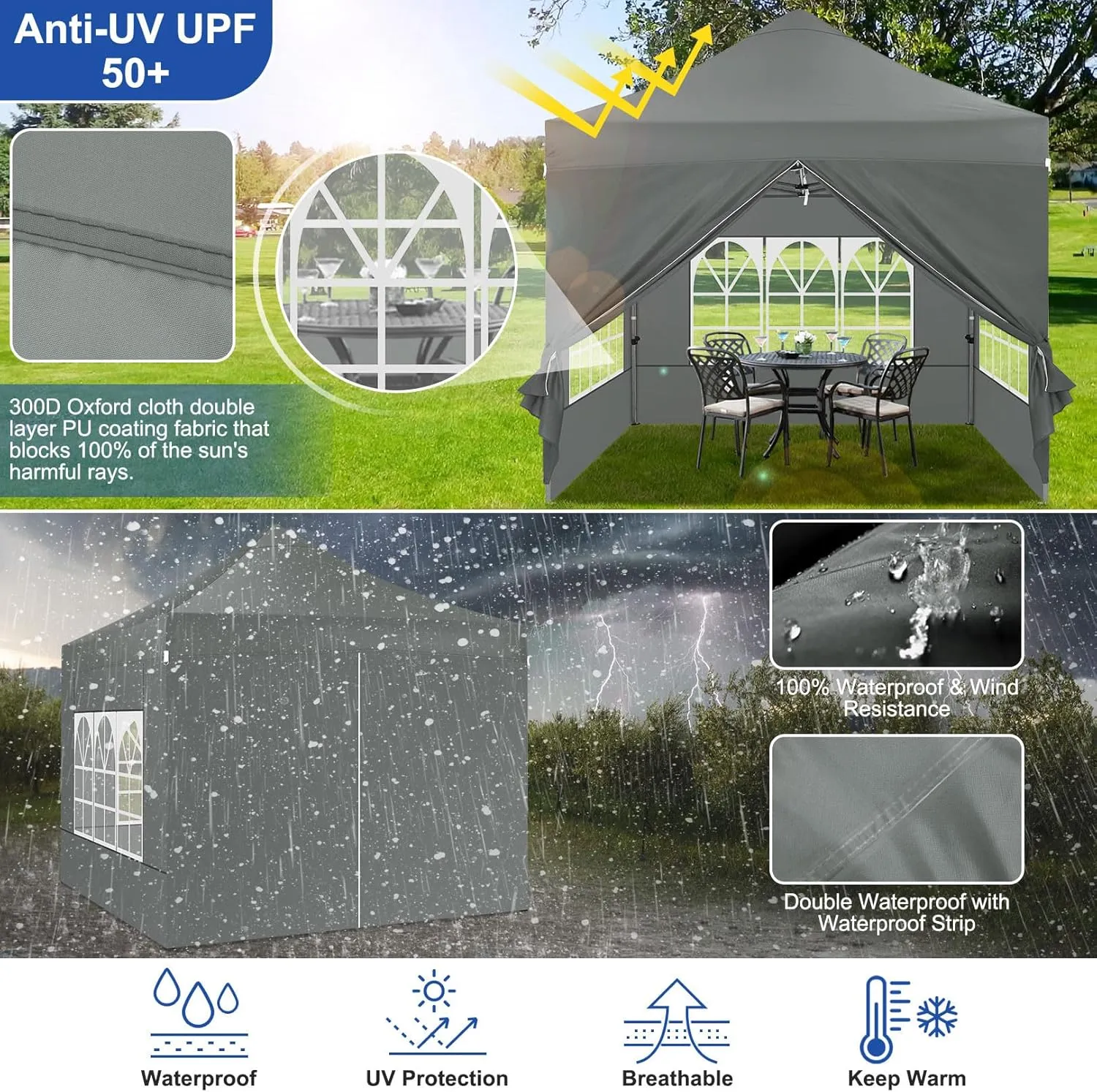 COBIZI Pop up Canopy Tent 10x10 Heavy Duty Gazebo with 4 Sidewalls, UPF 50  All Weather Waterproof Commercial Outdoor Wedding Party Tents Canopy with Roller Bag,Gray