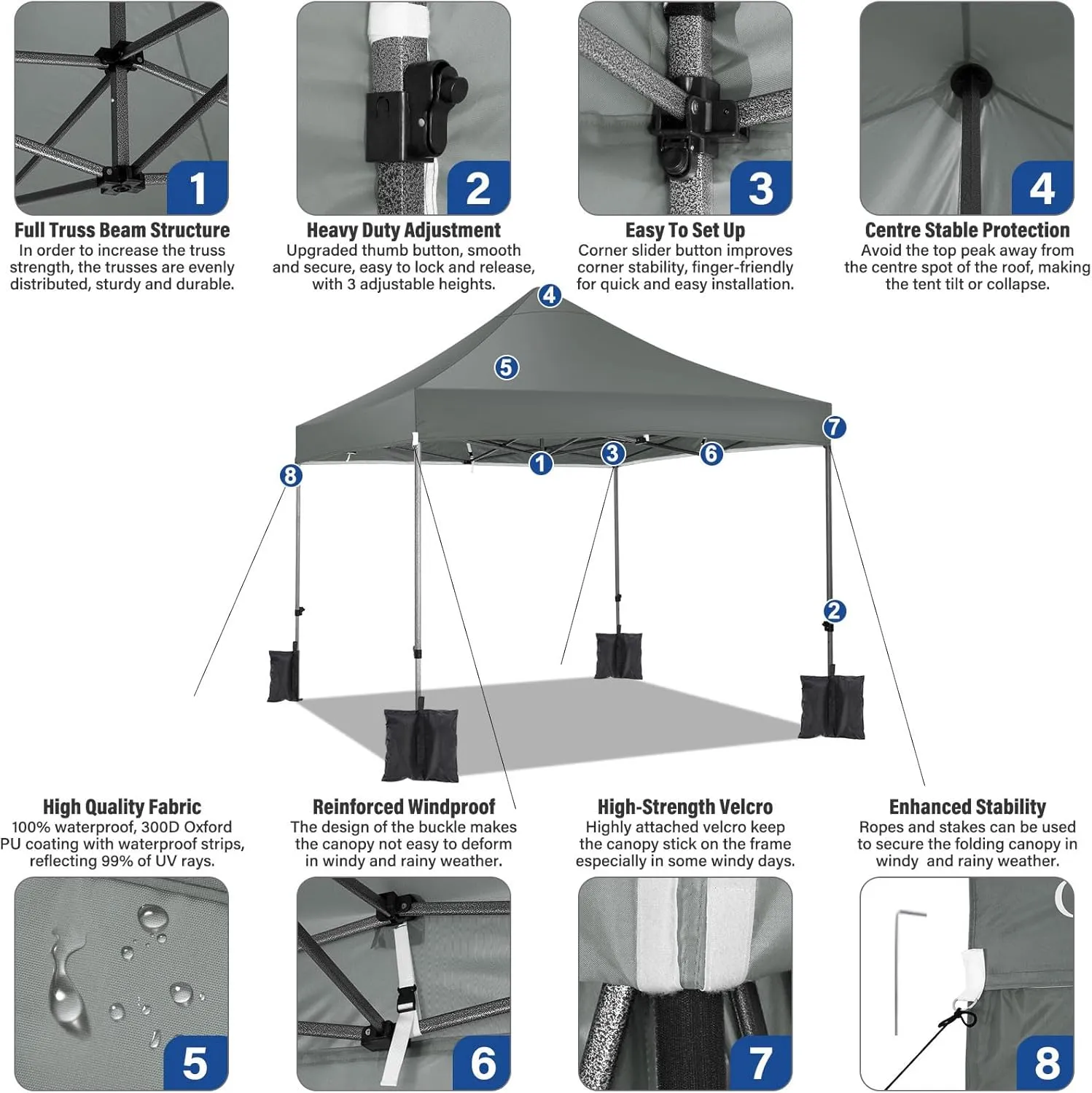 COBIZI Pop up Canopy Tent 10x10 Heavy Duty Gazebo with 4 Sidewalls, UPF 50  All Weather Waterproof Commercial Outdoor Wedding Party Tents Canopy with Roller Bag,Gray